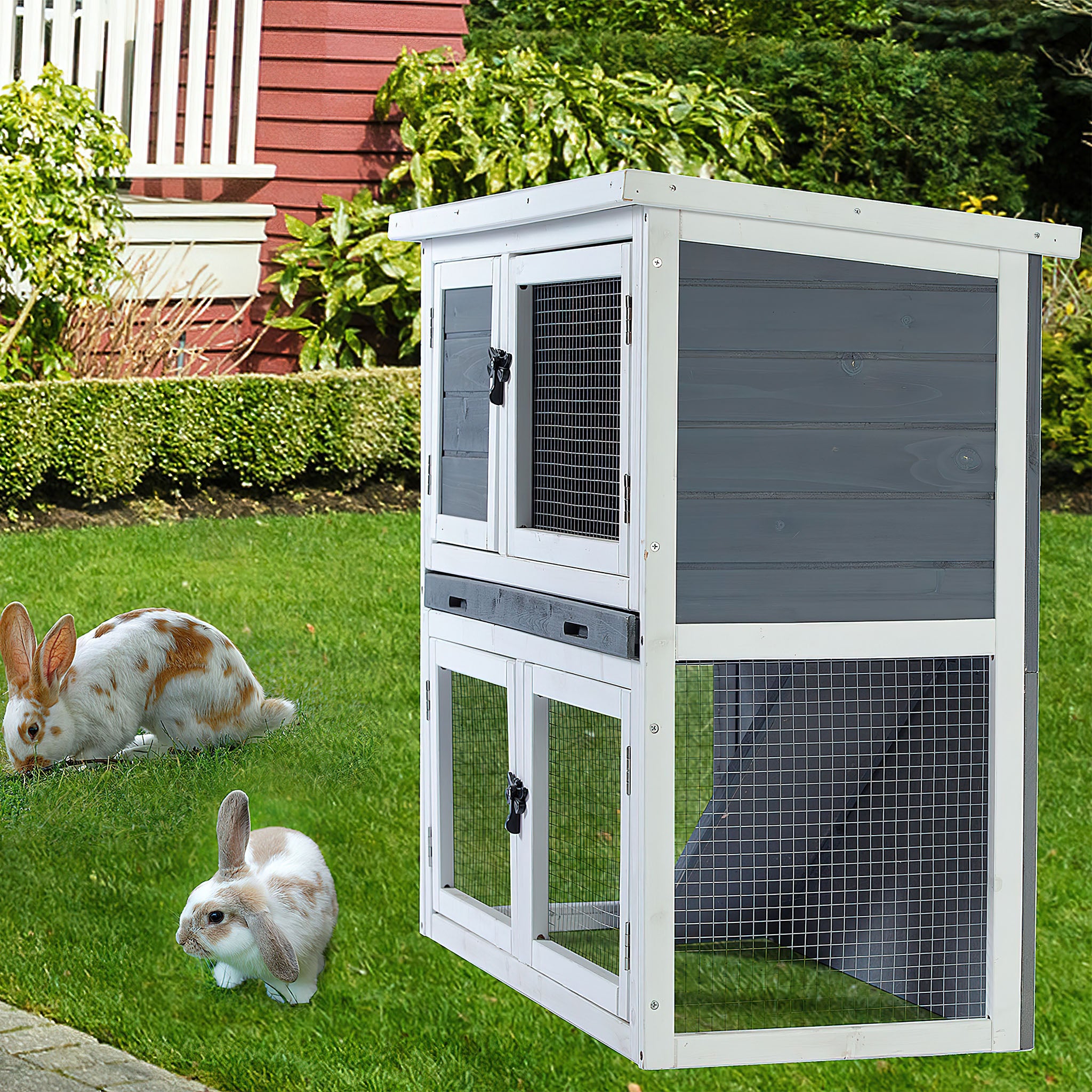 Two-layer solid wooden with easy clear tray for bunny rabbitsWooden Pet House Rabbit Bunny Wood Hutch House Dog House Chicken Coops Chicken Cages Rabbit Cage
