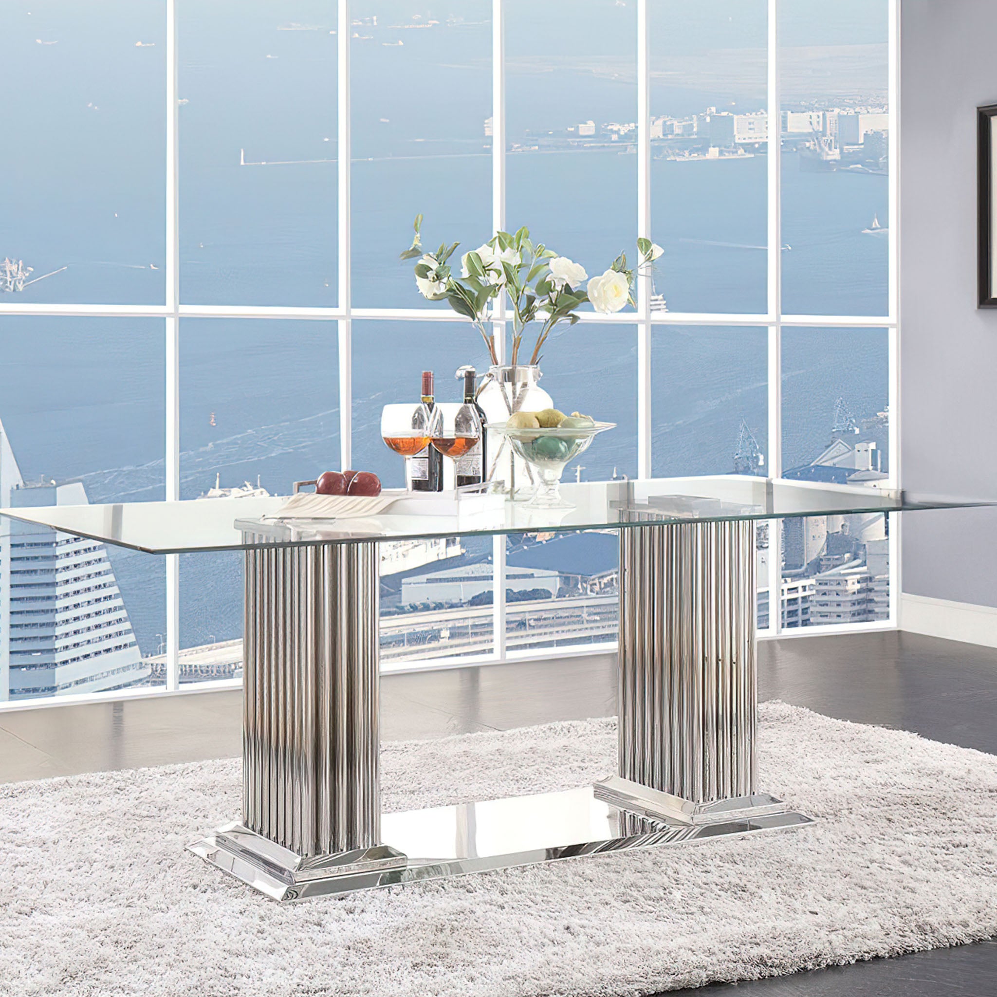RaDEWAY Dining Table in Stainless Steel & Clear Glass