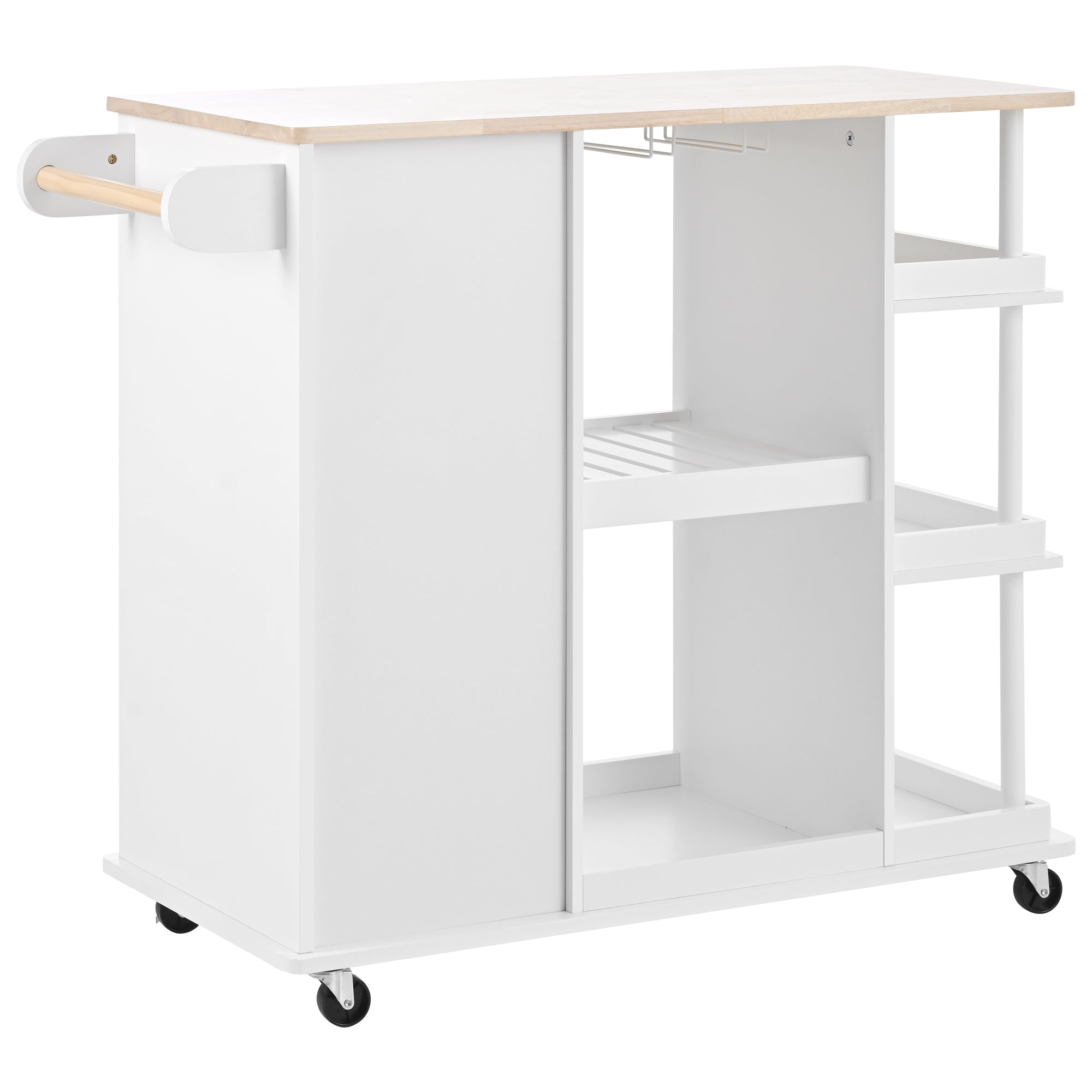 Kitchen Cart Cabinet with Adjustable Storage Shelves Rubber Wood Top with 5 Wheels