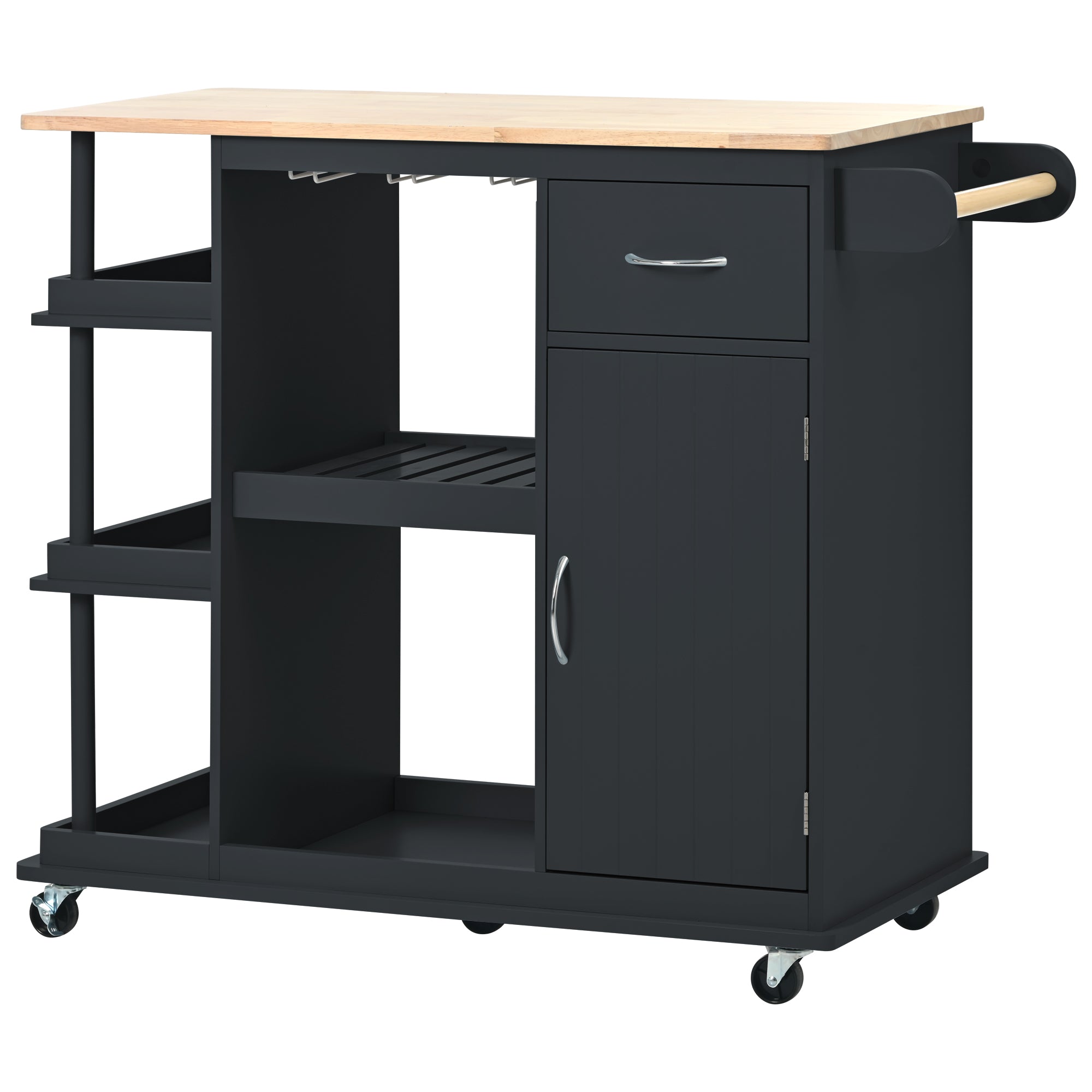 RaDEWAY Kitchen Cart Cabinet with Adjustable Storage Shelves Rubber Wood Top with 5 Wheels