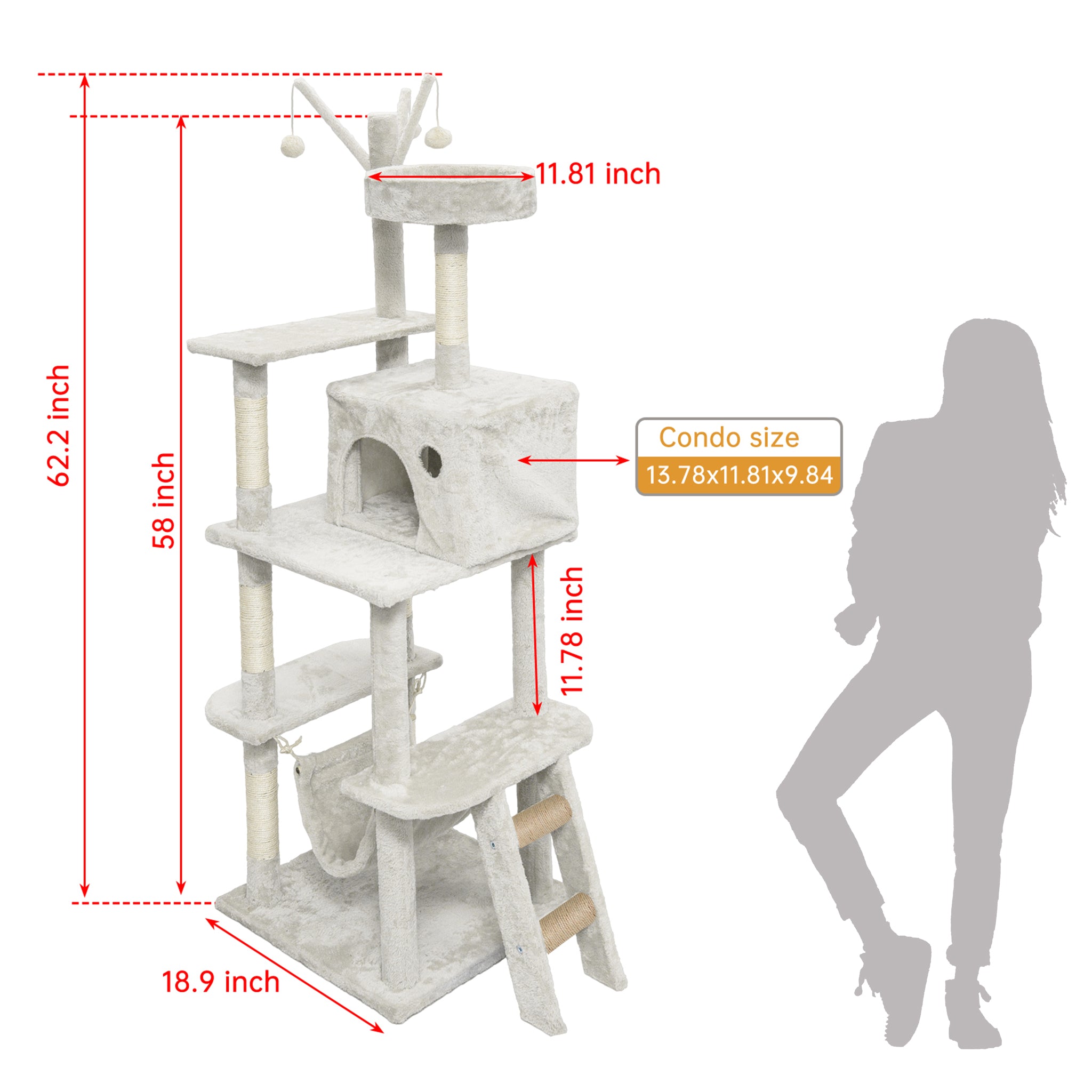 81in Multi-Level Cat Tower Cat Condo Tree Scratching Posts Hammock, Top Perch, Ladder, Cat Activity Tree Cat with Toys, Cat Climbing Tower