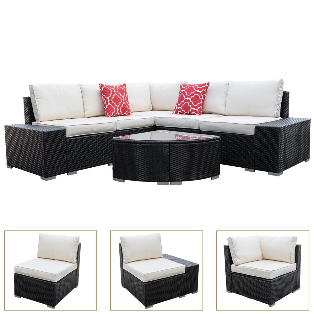 6 Piece Rattan Patio Furniture Set, Tempered Glass Coffee Table, Sectional Sofa Set
