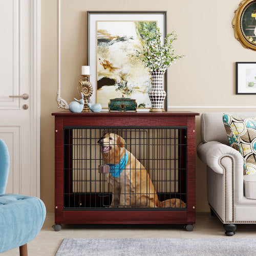 Pet Dog Crate Cage with Wooden Structure Iron Wire and Lockable Caters