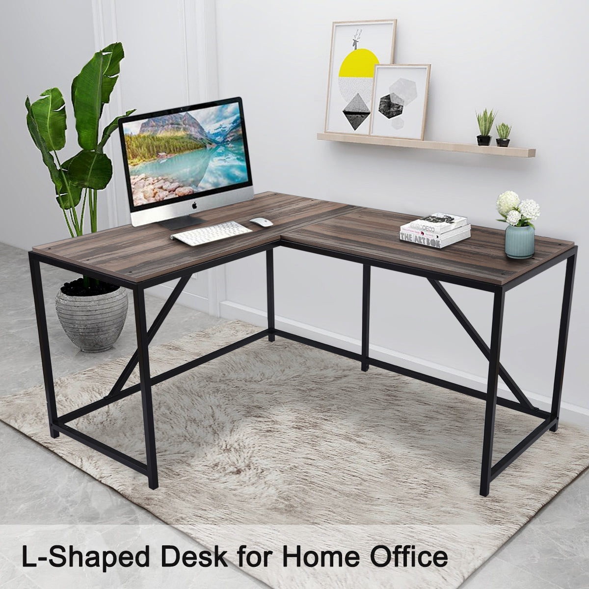 L Shaped Home Office Computer Desk with Modern Style and MDF Board, Easy to Assemble（Walnut）