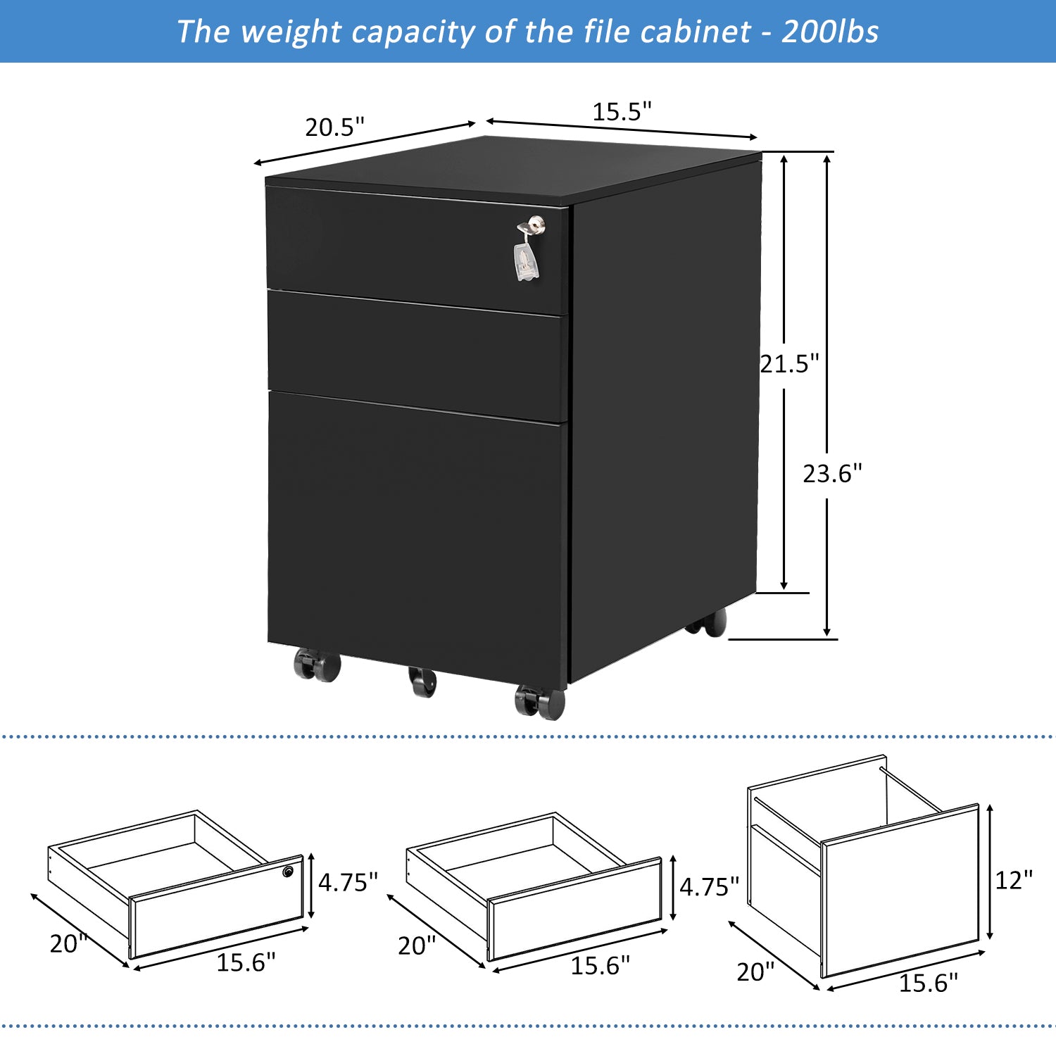 Three Drawer File Cabinet Mobile Metal Lockable File Cabinet Under Desk Fully Assembled Except for 5 Castors
