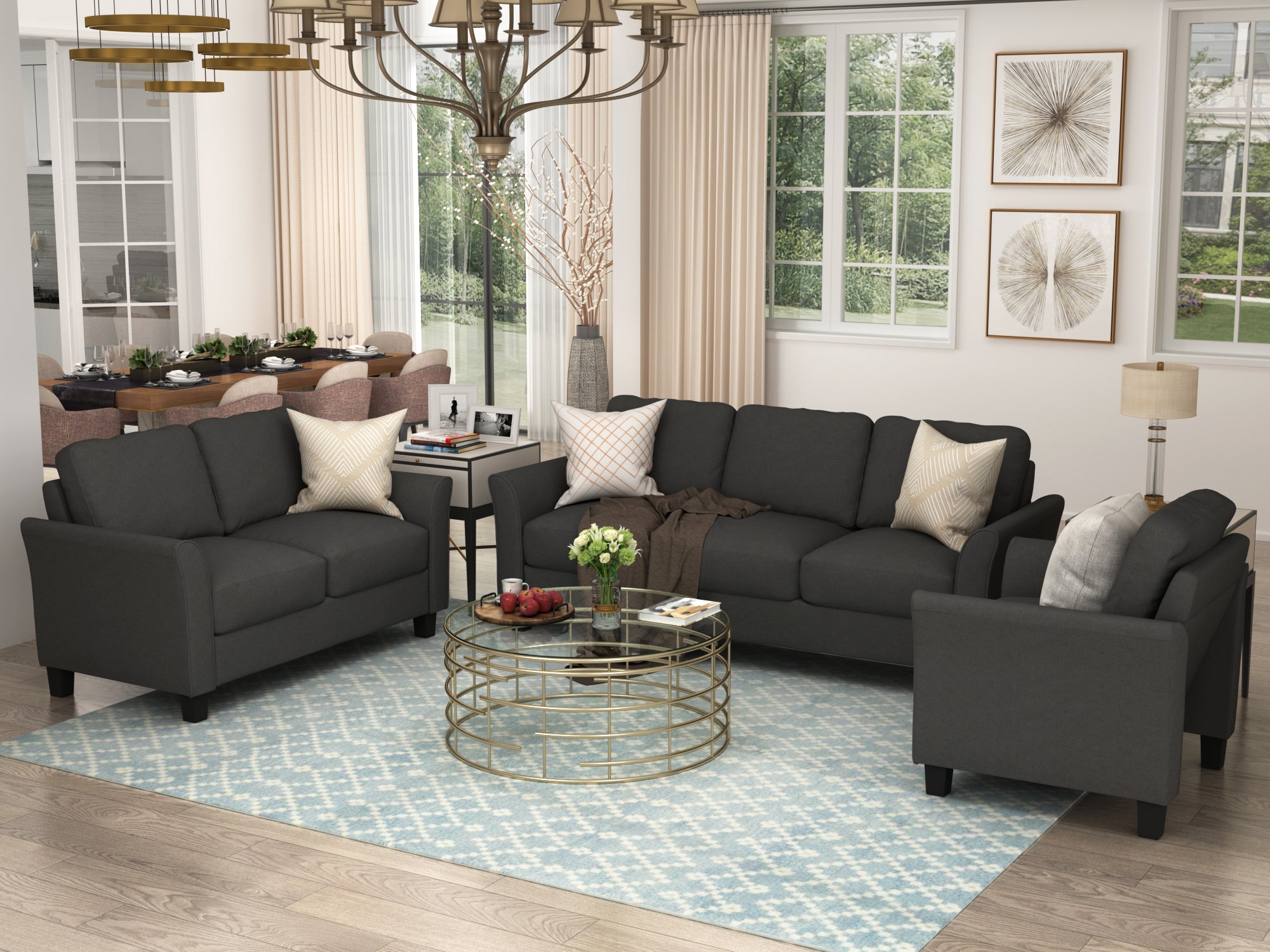RaDEWAY Polyester-blend 3 Pieces Sofa Set