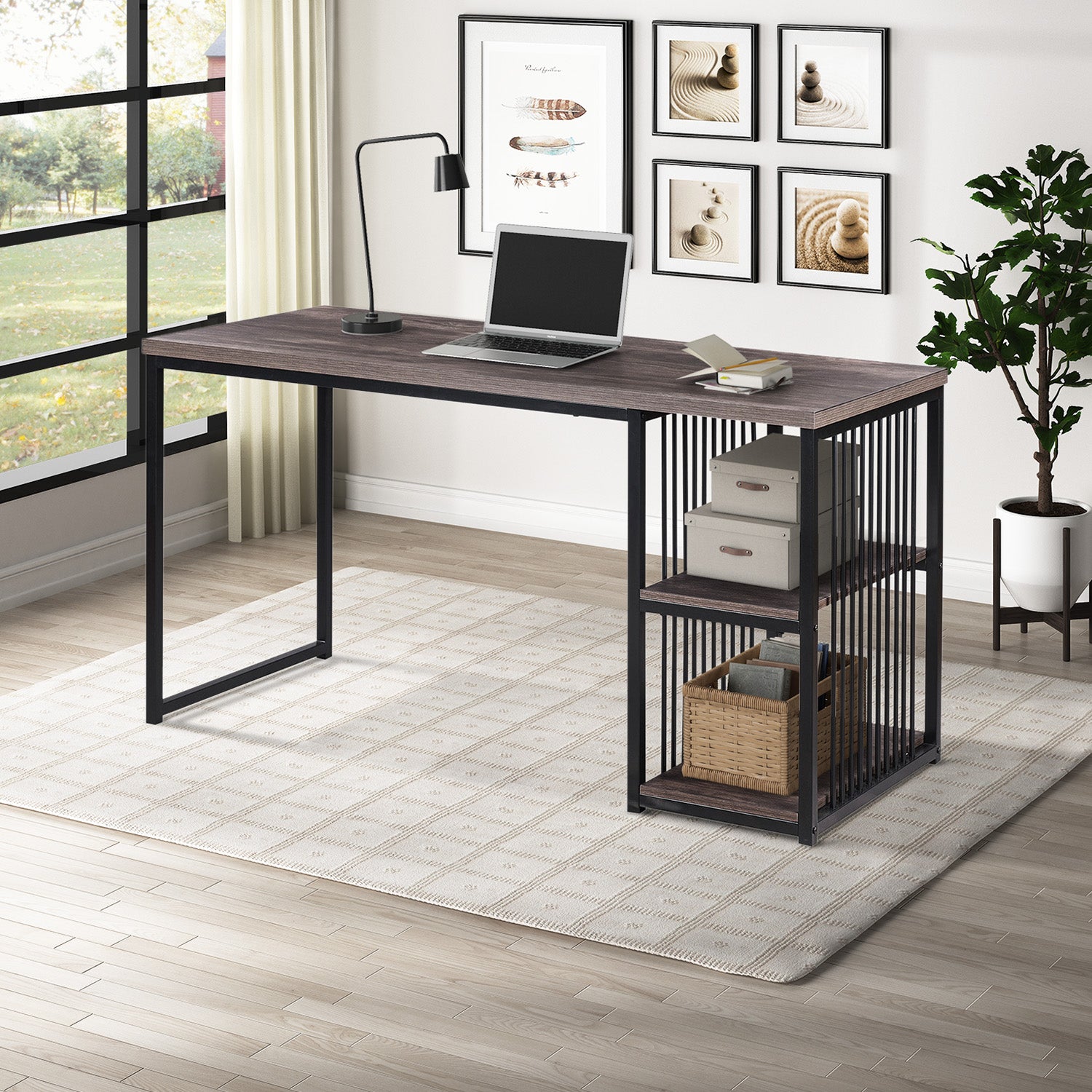 Home Office Computer Desk, 55 Inch Writing Desk with 2 Storage Shelves on Left or Right, Stable Metal Frame, Easy Assembly