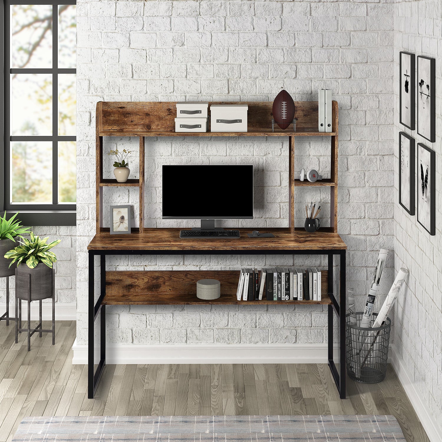 RaDEWAY Home Office Computer Desk with Hutch, 47 inch Rustic Office Desk and Modern Writing Desk with Storage Shelves , Vintage and Black Legs