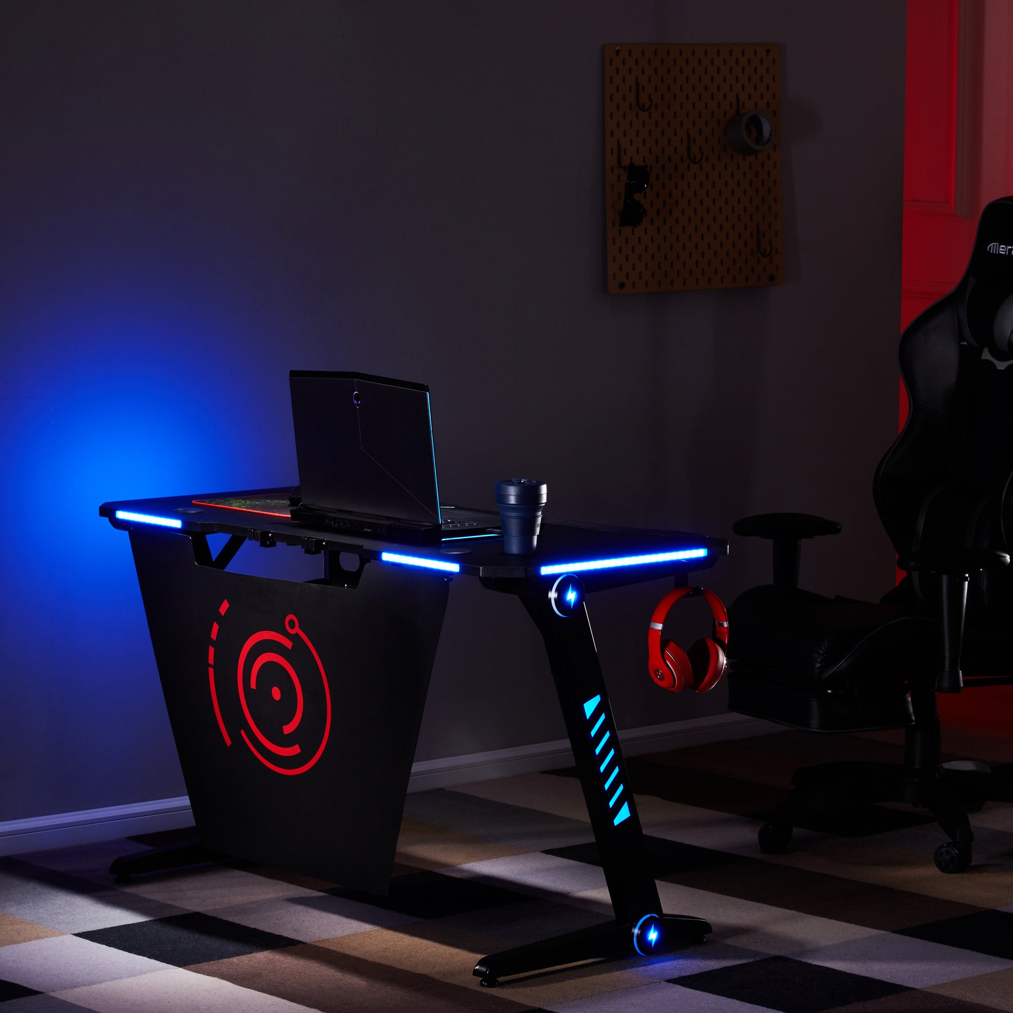 Home Office PC Computer Gamer Desks /RGB LED Lights/ Headphone Hook（Black）