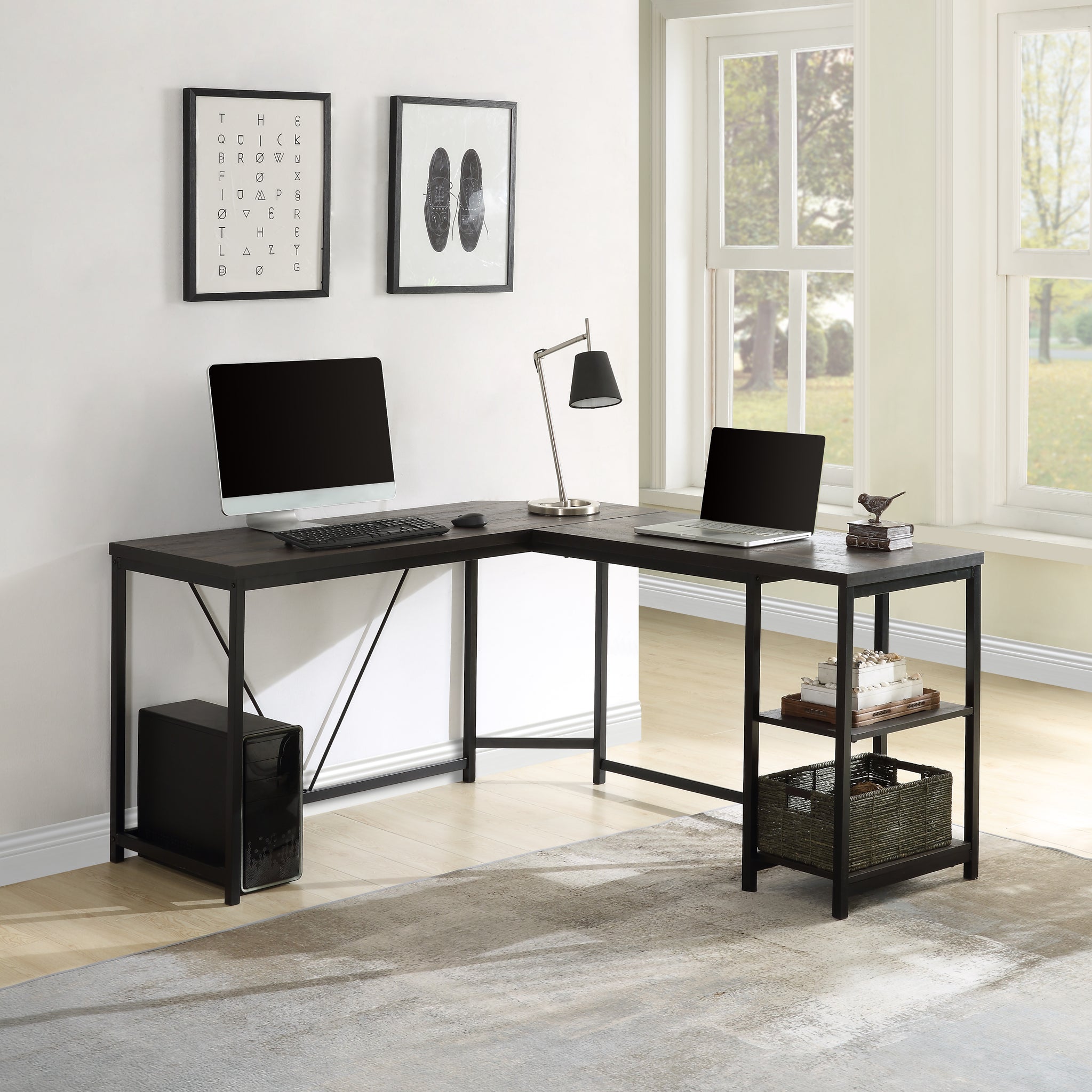 RaDEWAY Office Desk —L-Shaped Computer Desk with 2-Tier Storage Shelves for Home Office