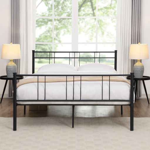 Black metal double bed frame with headboard, noise-free and non-slip standard steel bed platform, no box springs, modern appearance, simple lines, can be stored under the bed