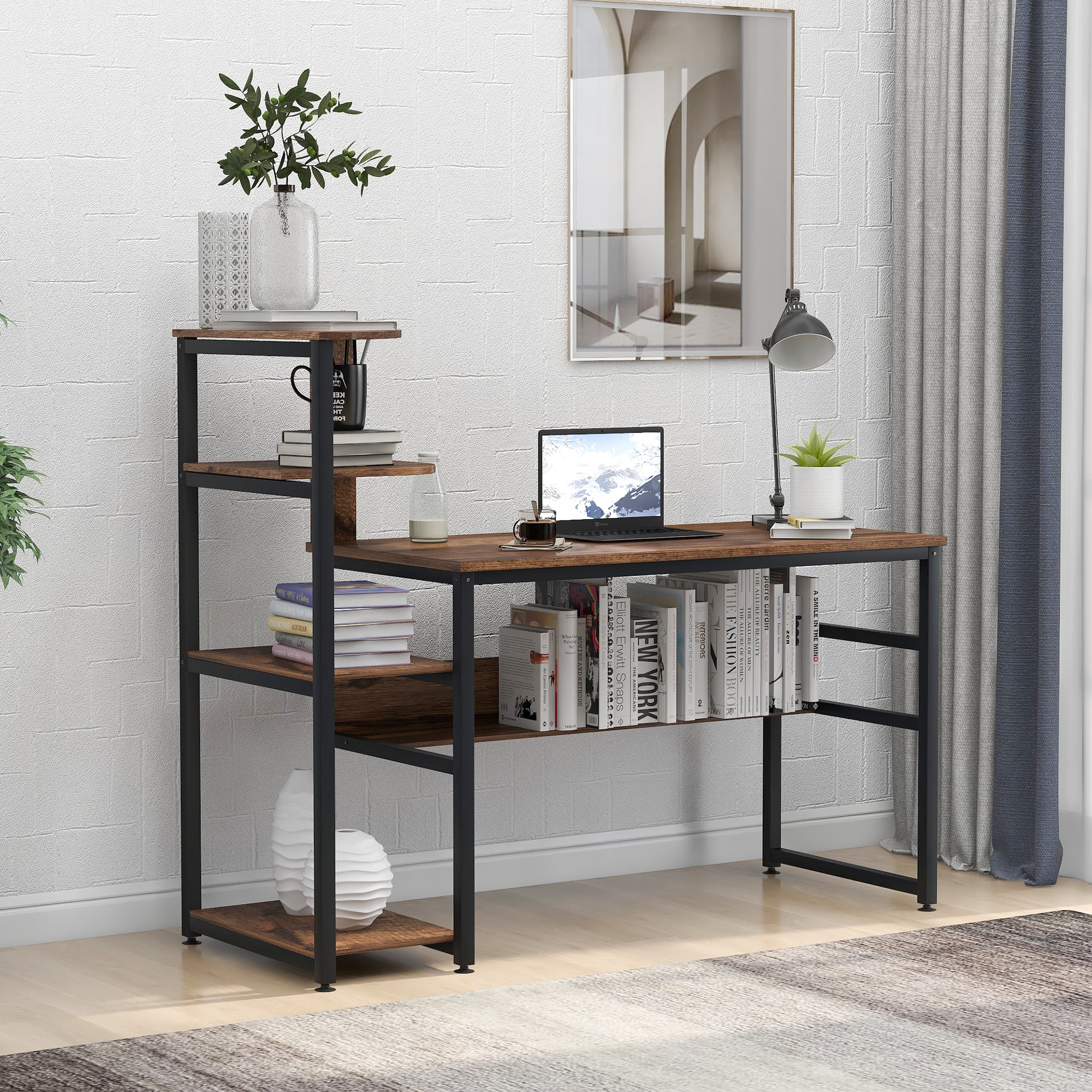 RaDEWAY Home Office Computer Desk with 4-Tier Storage Shelves, 59 inch Large Modern Office Desk Study Writing Table Workstation with Bookshelf and Tower Shelf