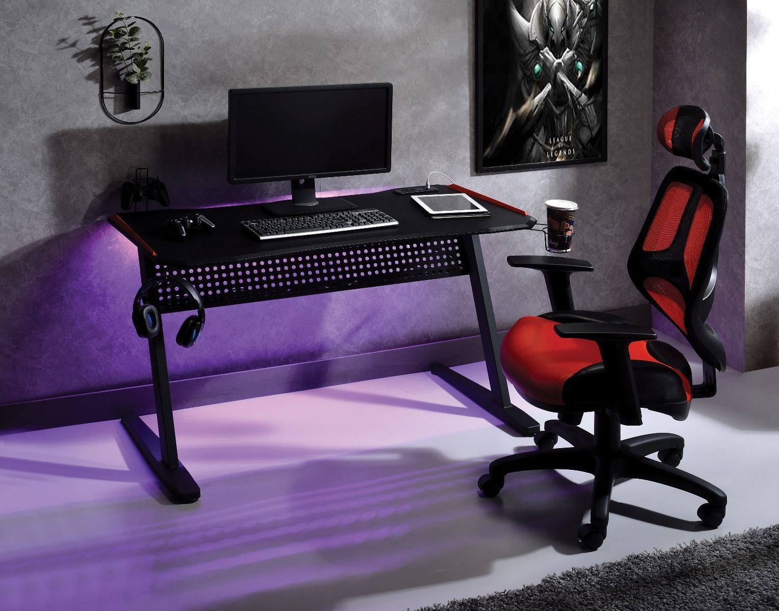 RaDEWAY Gaming Table w/USB Port, Black & Red Finish