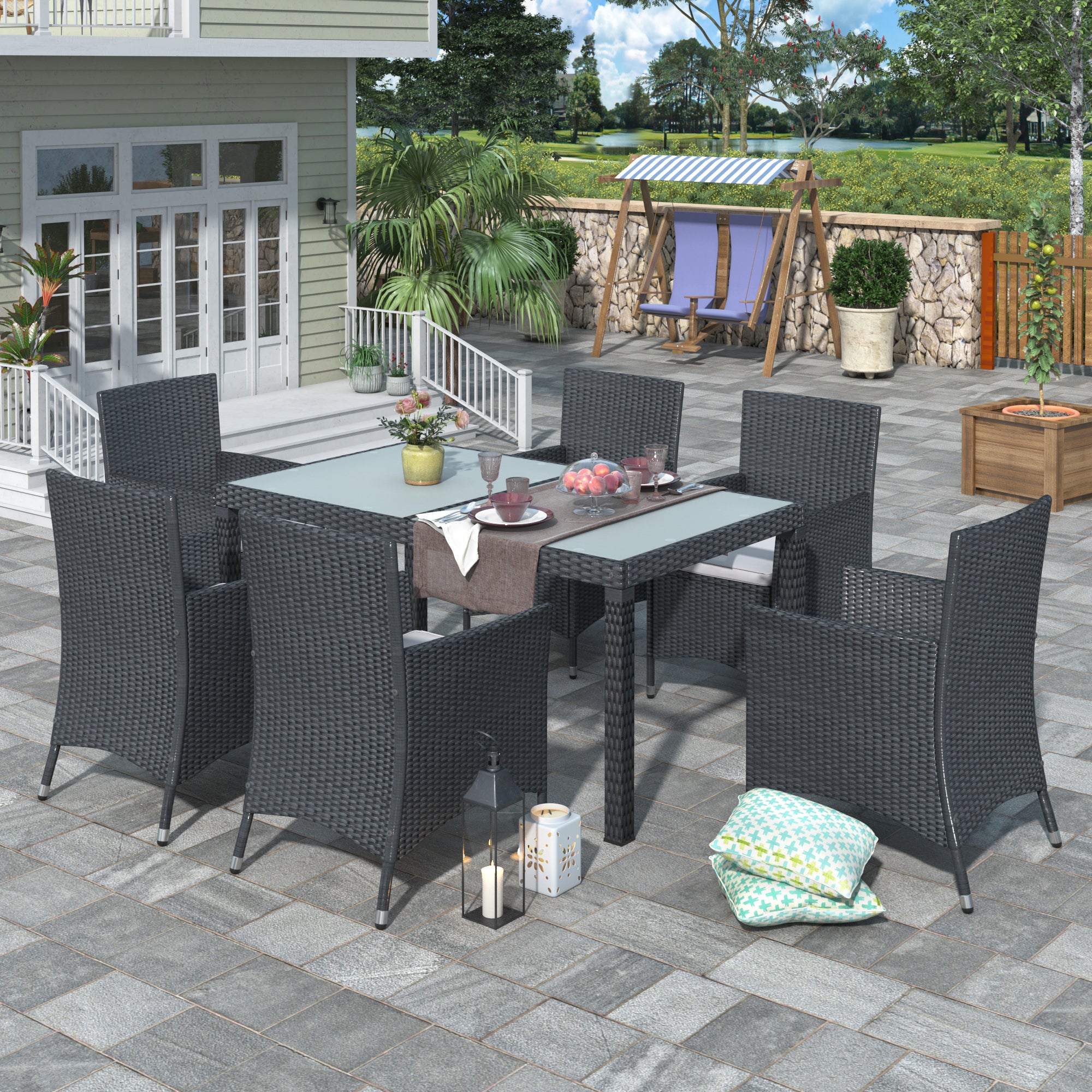 7-piece Outdoor Patio Rattan Furniture Set with Beige Cushion