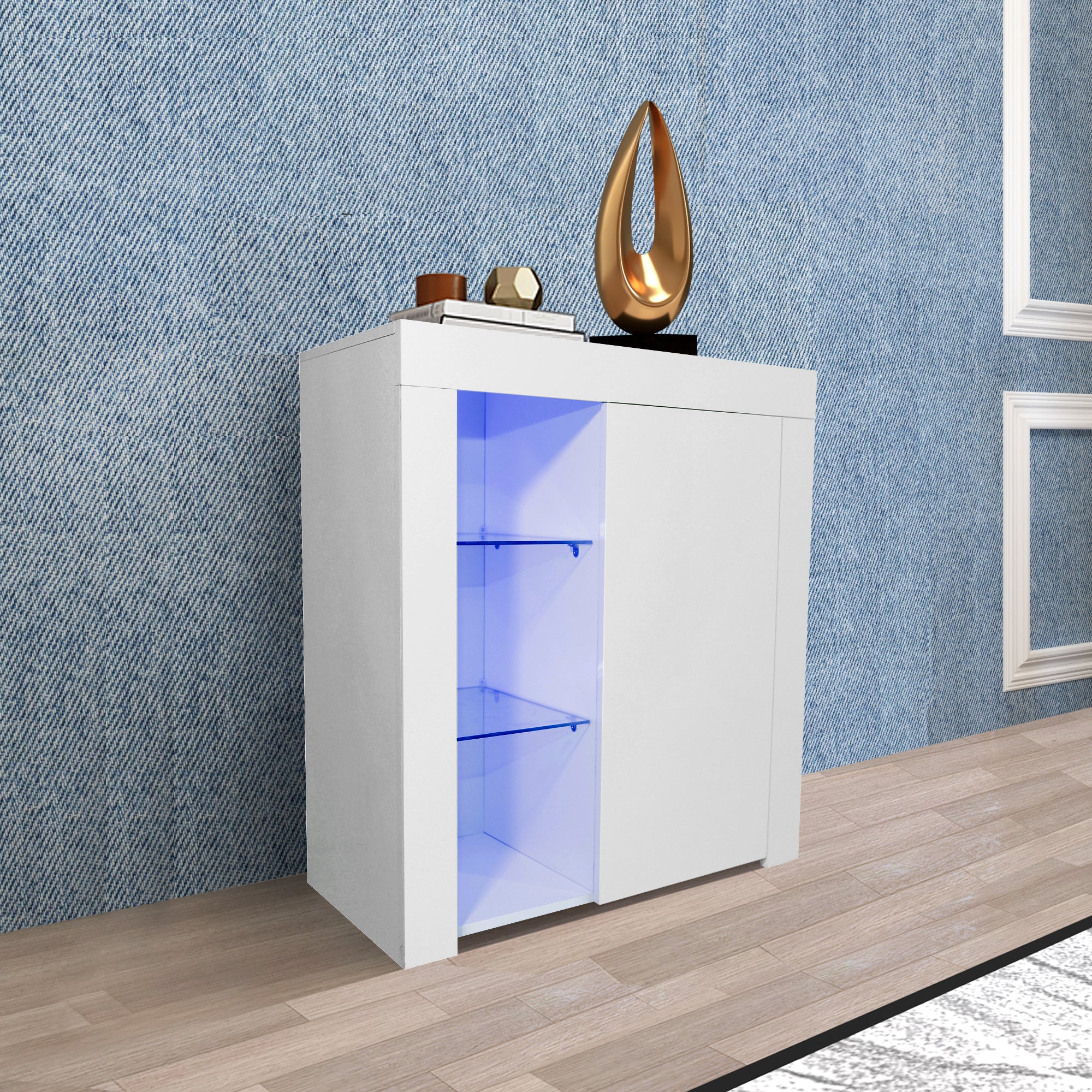 Sideboard Cupboard Side Storage Cabinet High Gloss with Blue LED Light