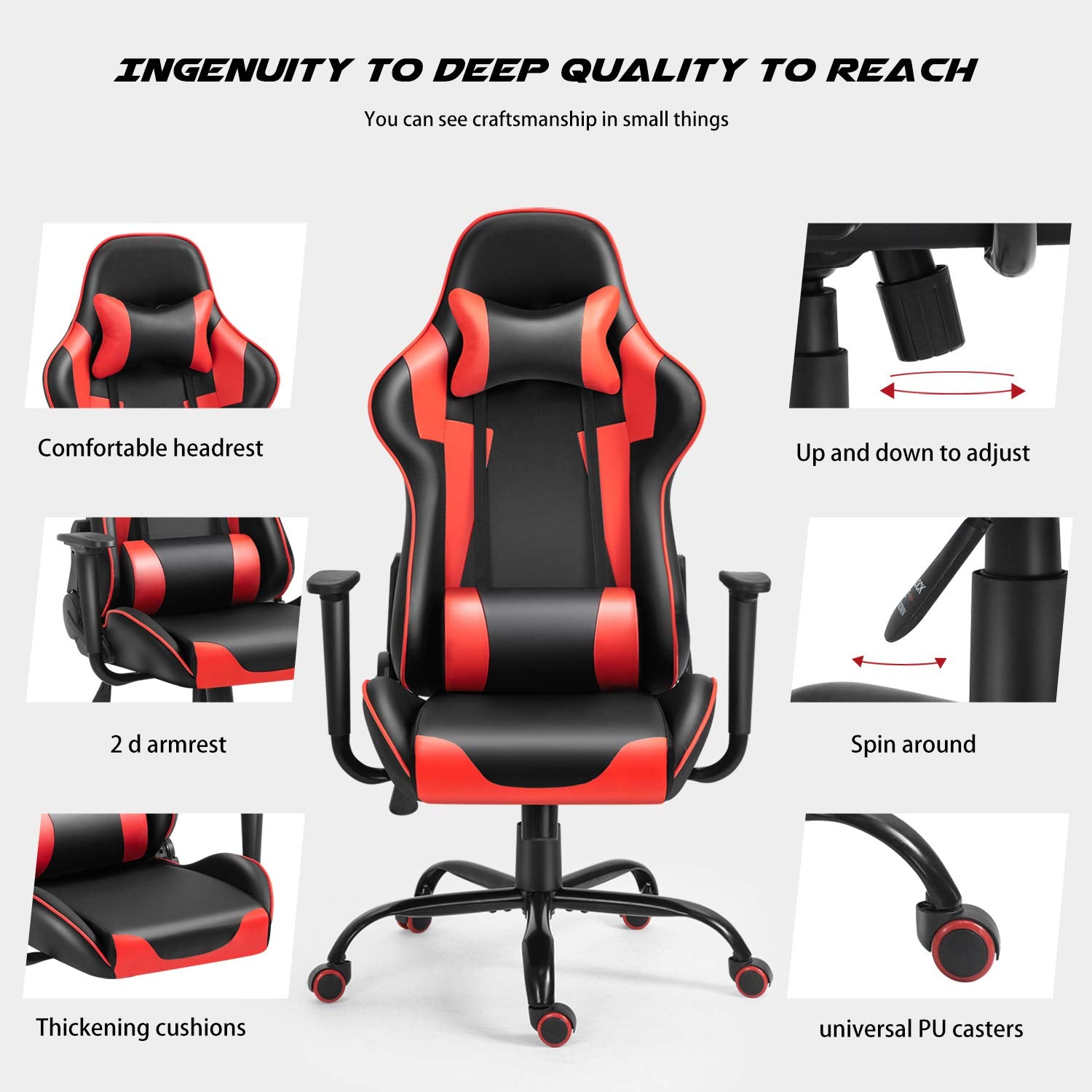RaDEWAY Ergonomic Gaming Chair Racing Style Adjustable Height High-Back PC Computer Chair with Headrest and Lumbar Support Office Chair