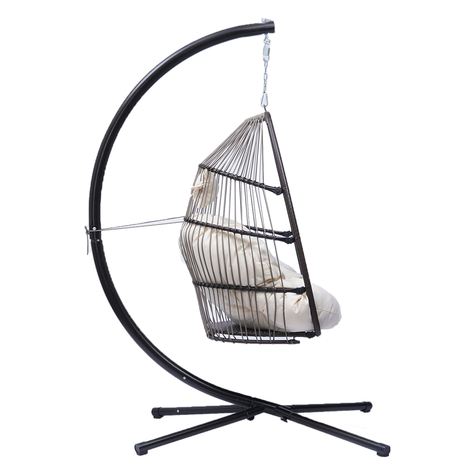 Patio Wicker Folding Hanging Chair,Rattan Swing Hammock Egg Chair With C Type Bracket,With Cushion And Pillow,For Indoor,Outdoor