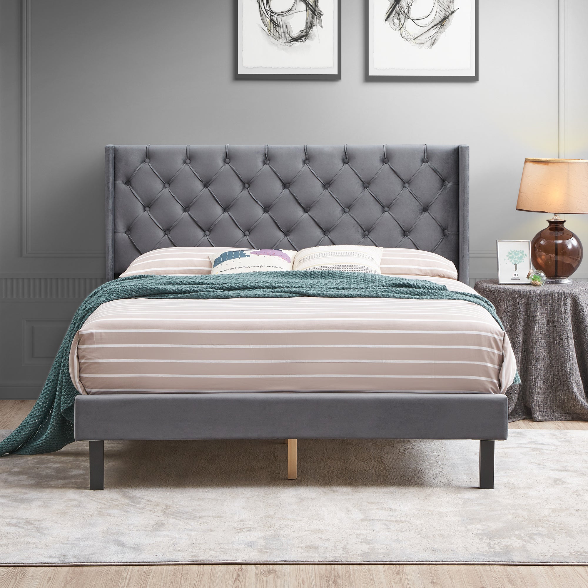 RaDEWAY Velvet Button Tufted-Upholstered Bed with Wings Design