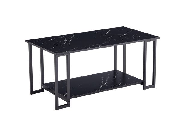 Coffee Table, 2 Layers 1.5cm Thick Marble MDF Rectangle 39.37" L Tabletop Iron Coffee Table , Dining Room, black Top, black Leg