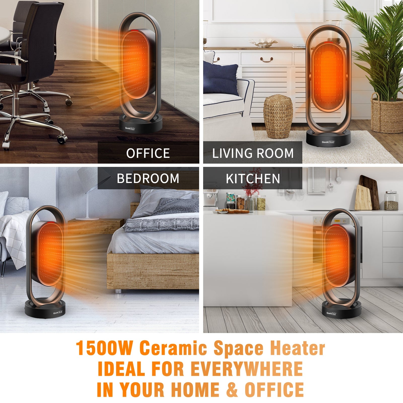 1500W Space Heater, Dual Oscillating, 2S Quick Heat Up, 8H Timer, Remote Control, Portable Heater Fan for Office Home Indoor