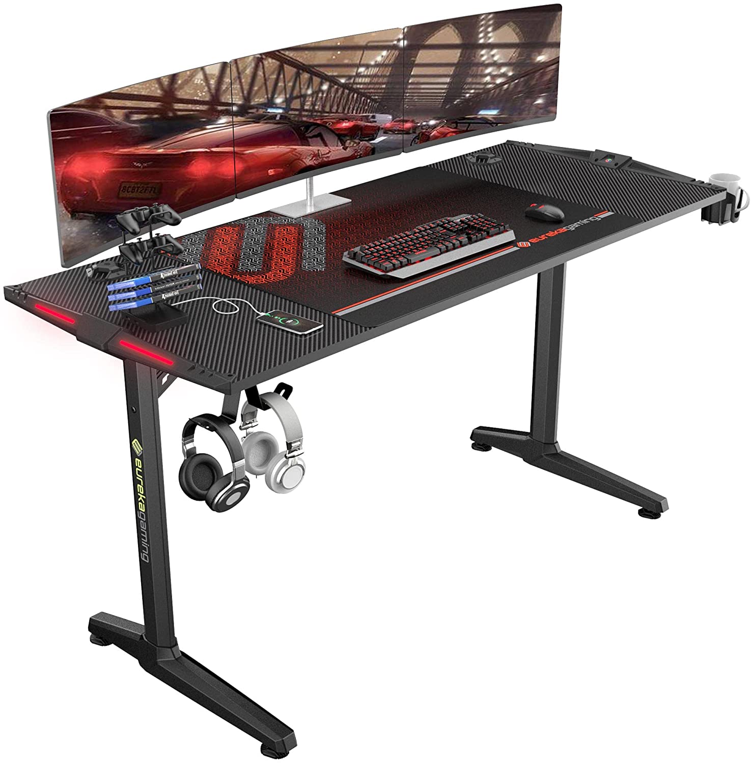 Gaming Computer Desk 55" Home Office Gaming PC Tables New Polygon Legs Design with RGB LED Lights,  Black
