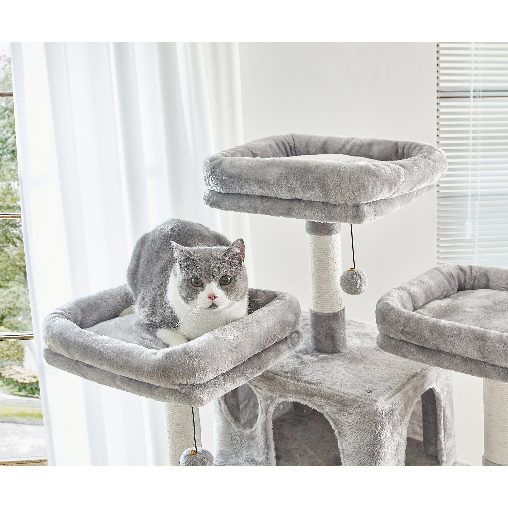 Multi-Level Cat Tree, 65.4 Inches Large Cat Tower with Scratching Posts Board, 2 Condos, 3 Plush Perches and Interactive Dangling Balls