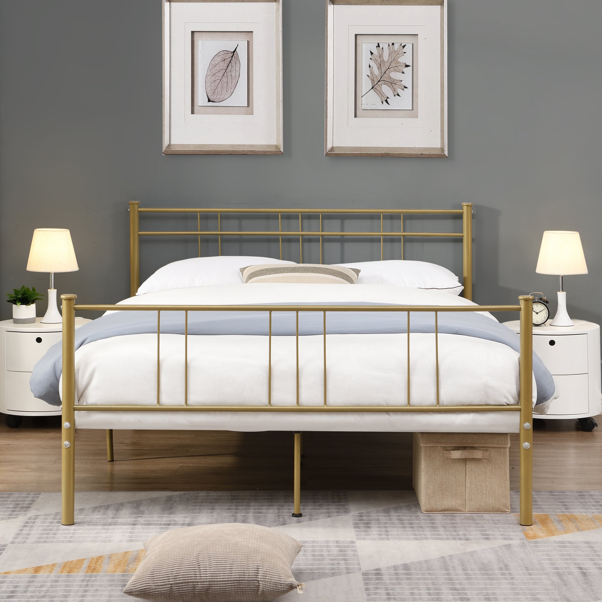 Metal bed frame, double bed frame with headboard, with non-slip mat, soundproof, simple and generous, can accommodate the bottom of the bed, Golden
