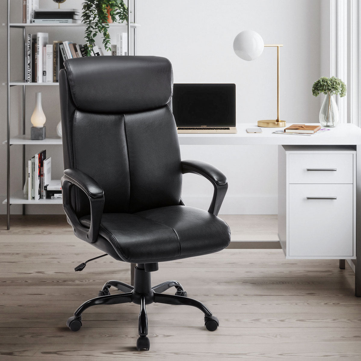 High Back Office Chair - Executive Bonded Leather Computer Desk Swivel Task Chair W/Rocking Function, Black