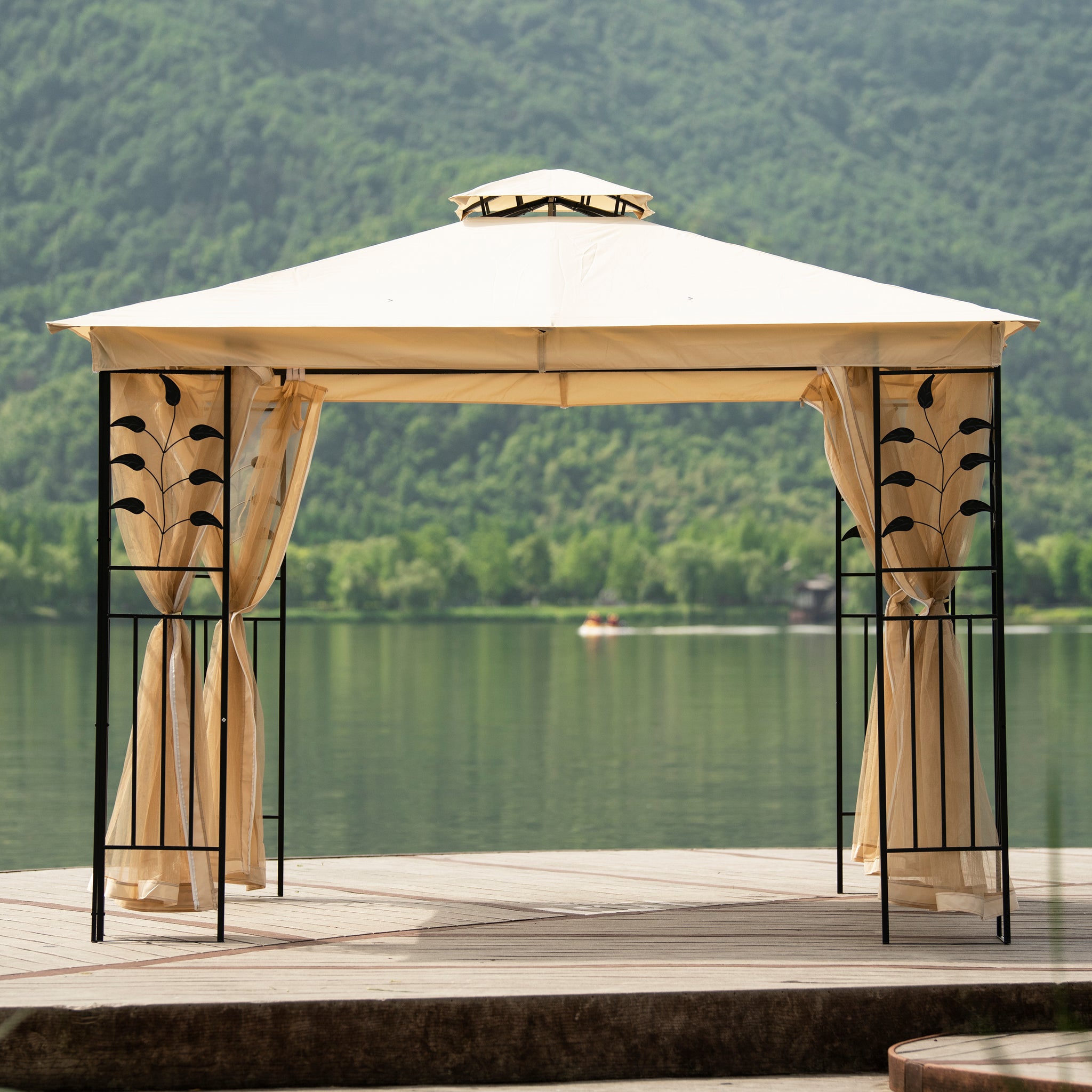 Outdoor Steel Vented Dome Top Patio Gazebo with Netting for Backyard