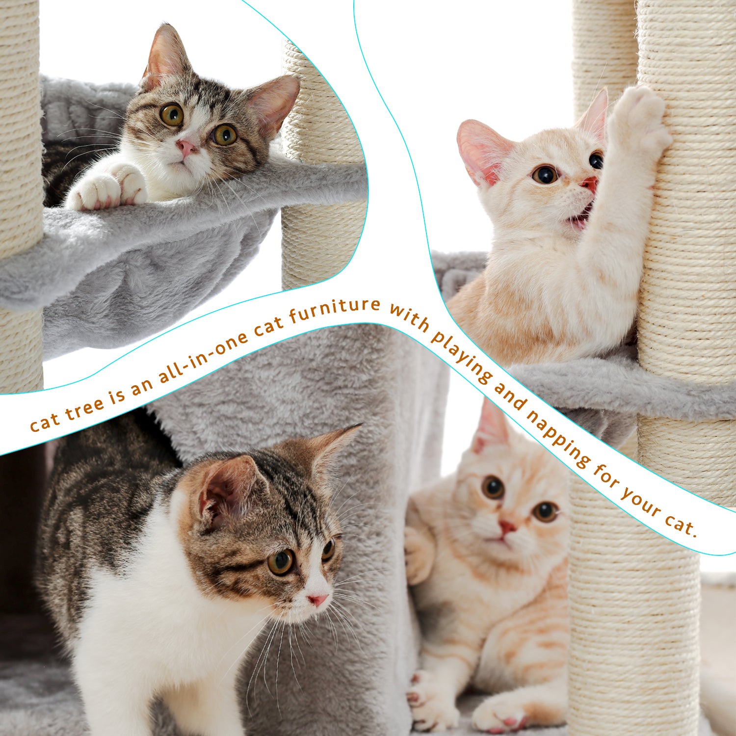 Multi-Platform 65.3’’ Cat Tree with Sisal Scratching Posts, Deluxe Condo, 2 Top Perches and Hammock Bed for Large Cats, Grey