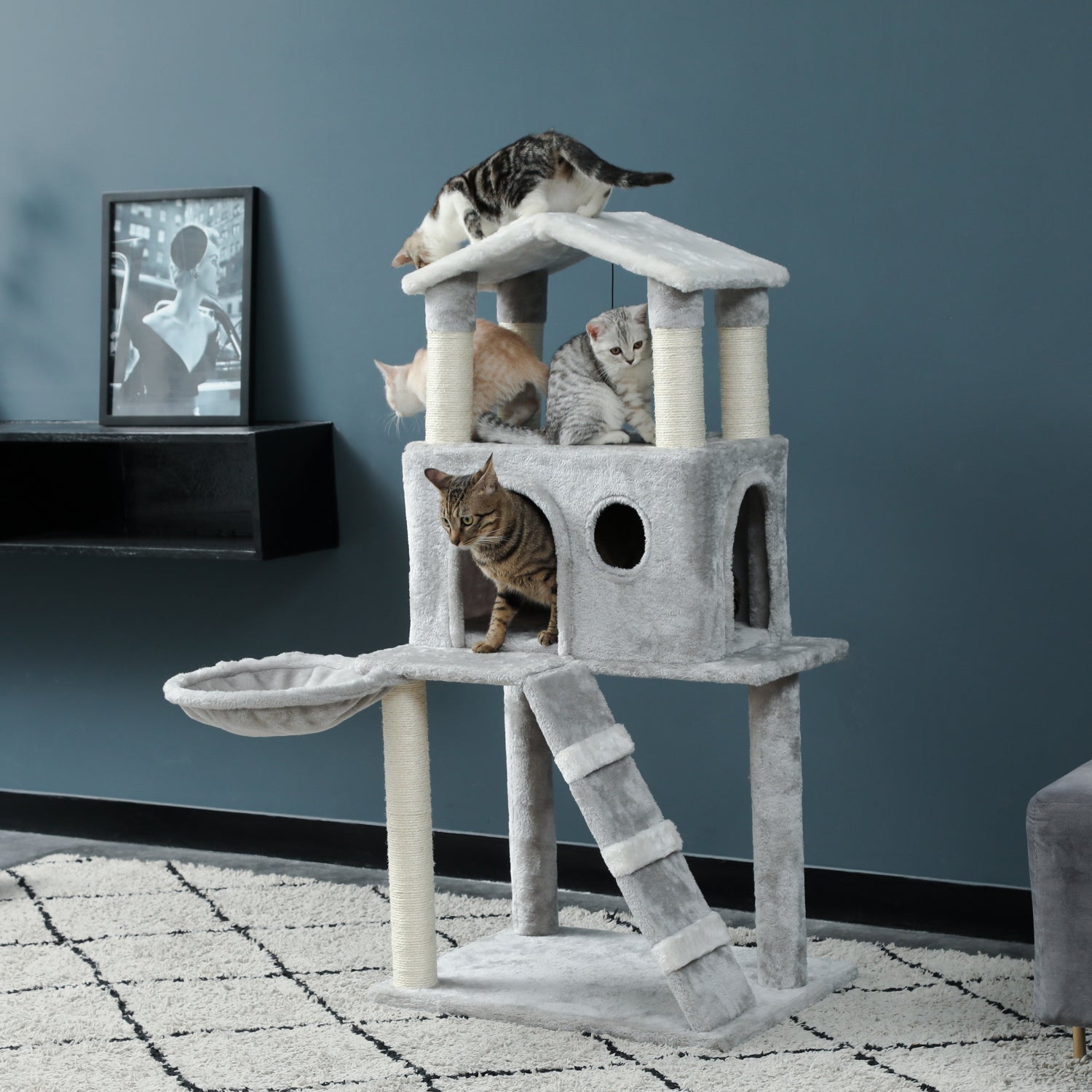 Multi-Level Cat Tree Tower Play House with Sisal Scratching Posts, Deluxe Condo and Plush Basket Bed Hammock Replaceable Dangling Ball
