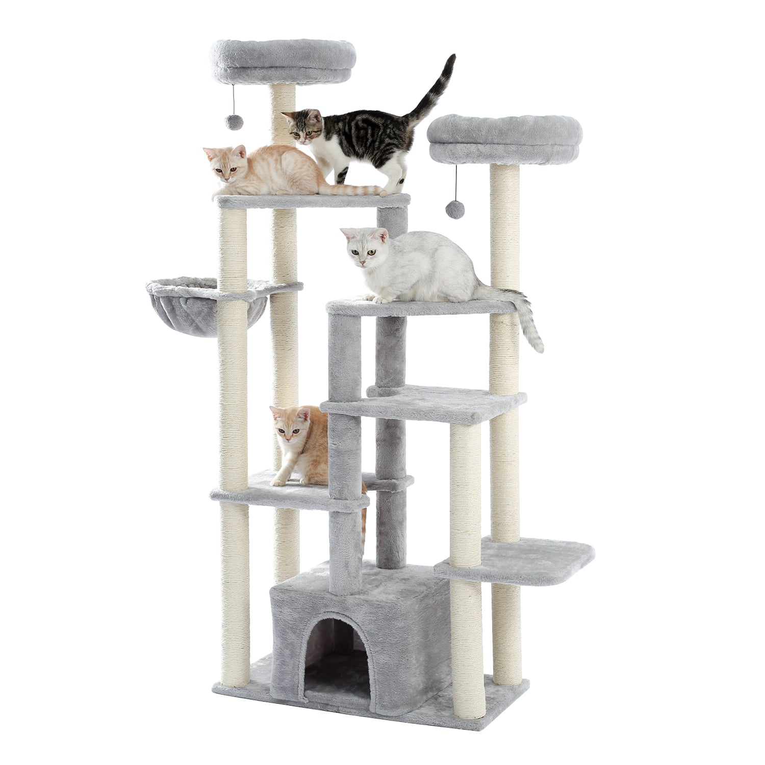 Multi-Platform 65.3’’ Cat Tree with Sisal Scratching Posts, Deluxe Condo, 2 Top Perches and Hammock Bed for Large Cats, Grey