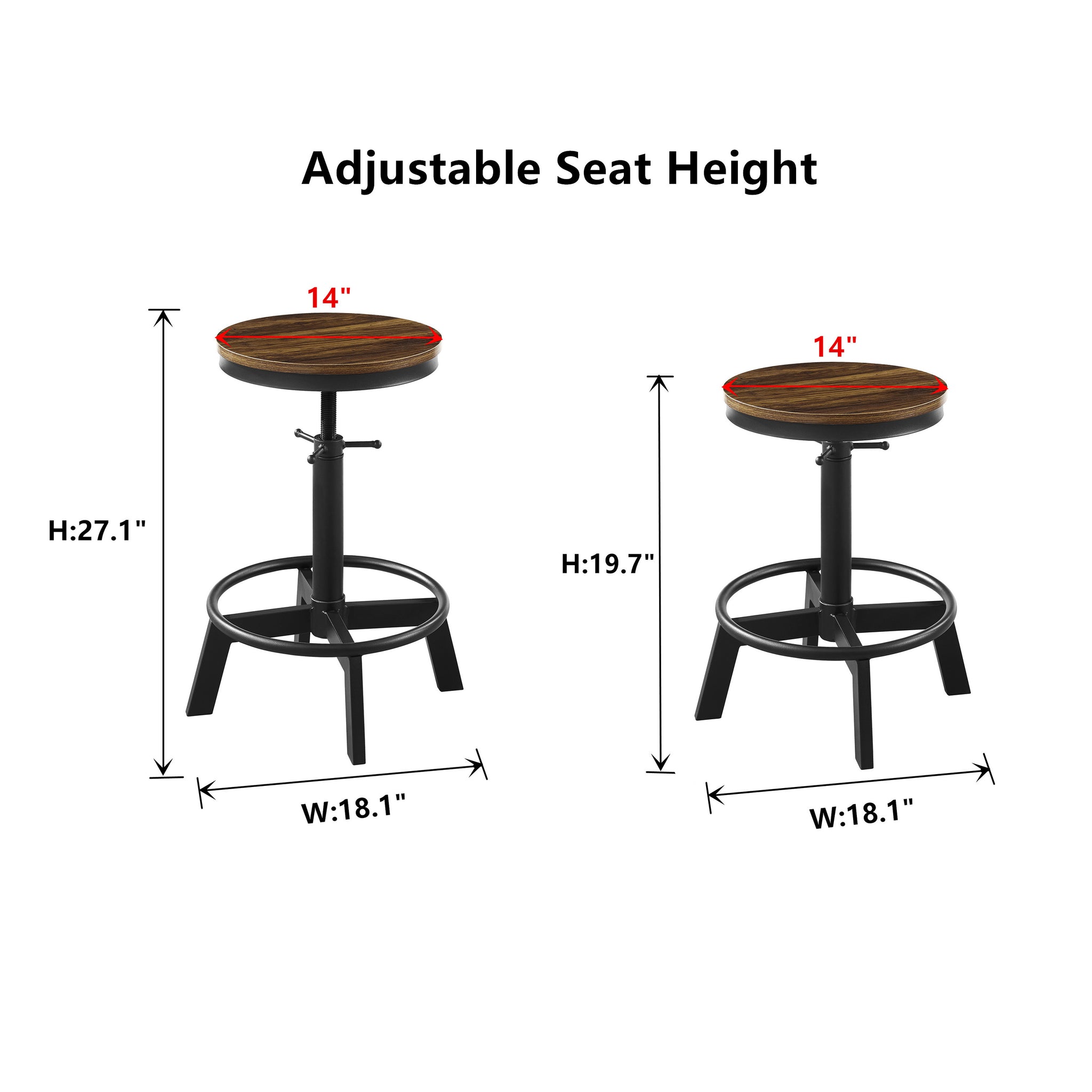 Vintage Adjustable Bar Stools Set of 2, Industrial 19.7-27.1 Inch Round Solid Wood and Metal Bar Stools for Kitchen Dining Counter, Retro Brown