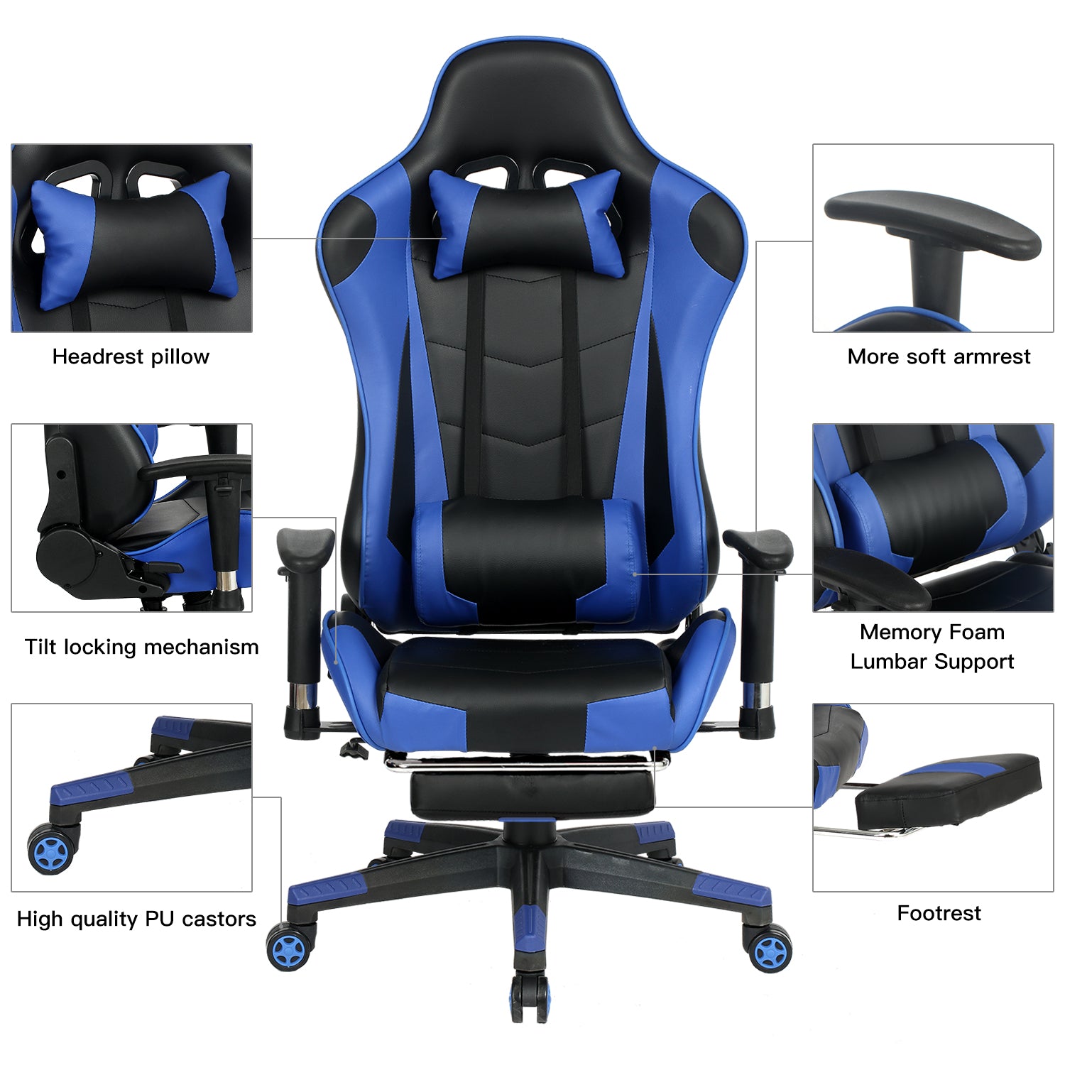 RaDEWAY Gaming Chair With Footrest, Ergonomic High-Back Leather Racing Computer Chair Home Office Chair With Headrest, Footrest and Lumbar Support