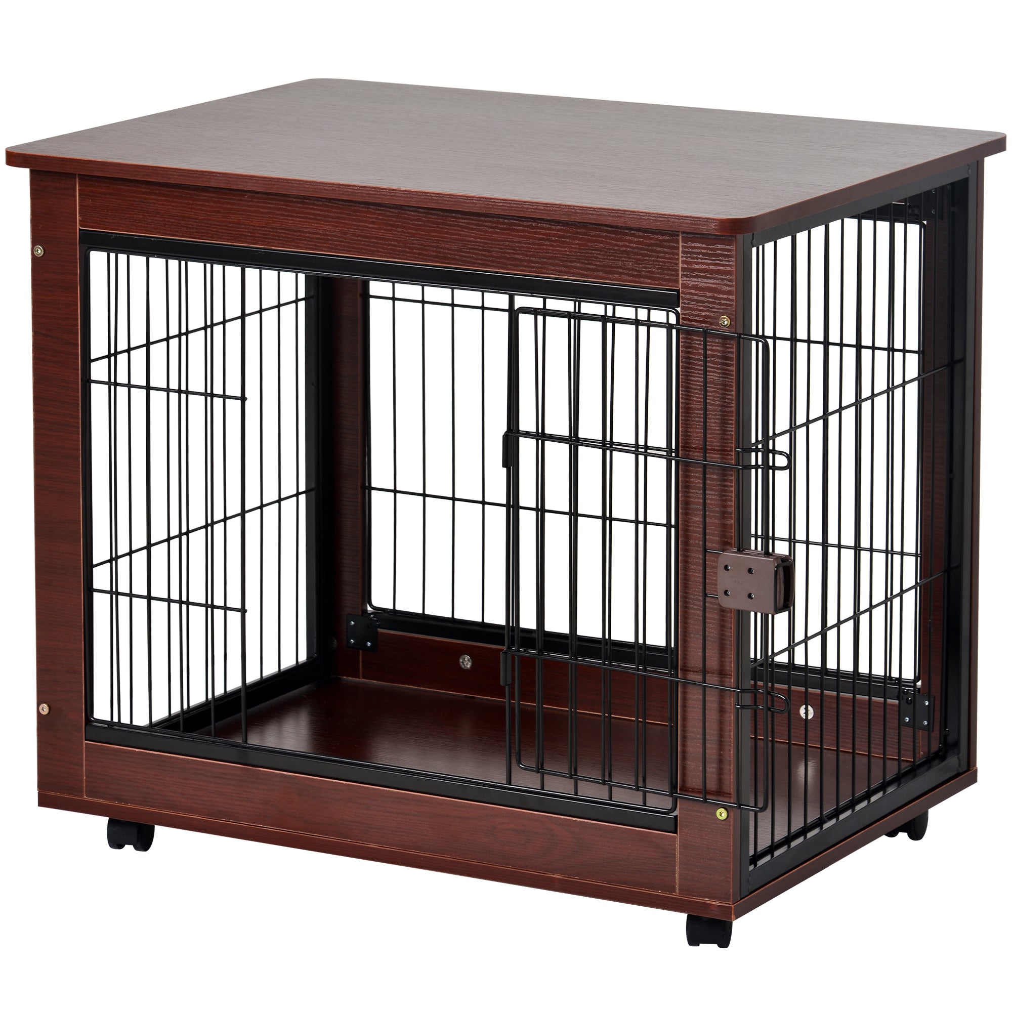Pet Dog Crate Cage End Table with Wooden Structure and Iron Wire and Lockable Caters