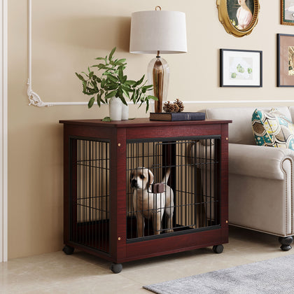 Pet Dog Crate Cage End Table with Wooden Structure and Iron Wire and Lockable Caters