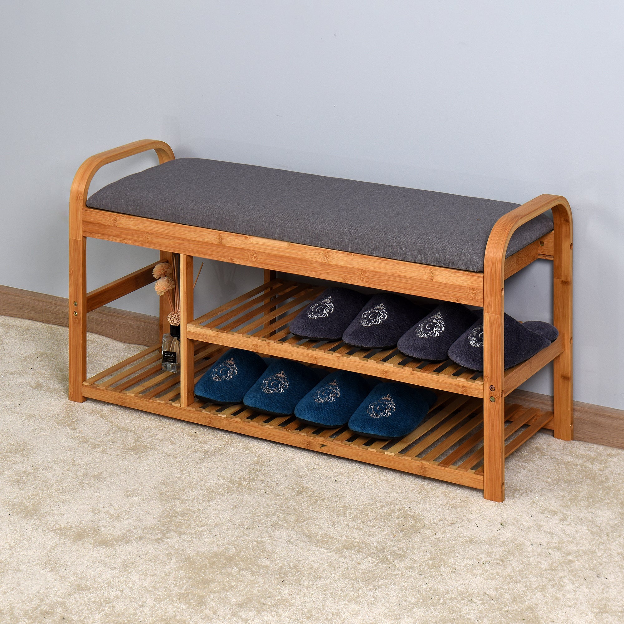 Living Room Bamboo Storage Bench， Entryway 3 Shelves Bench with flip storage compartment