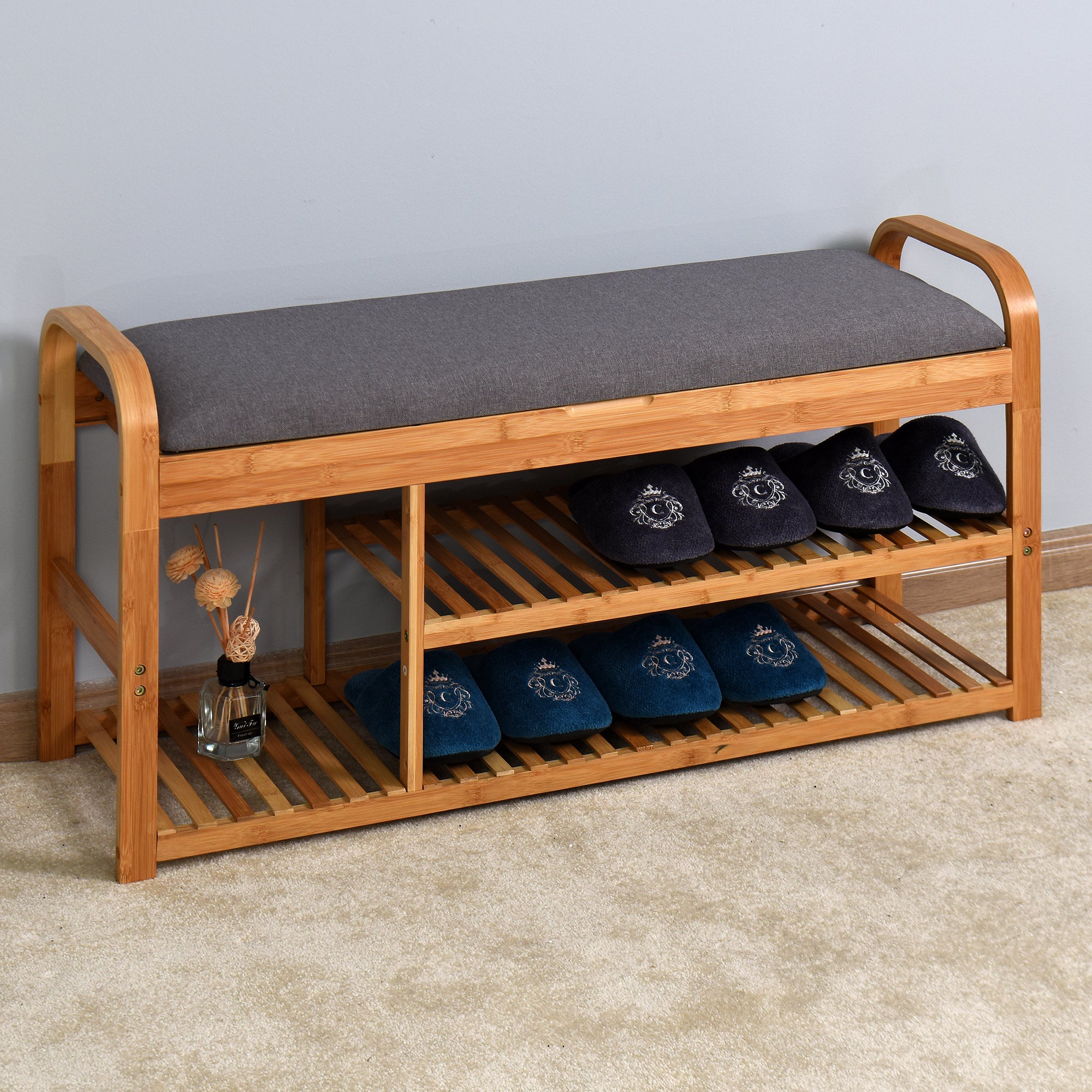 Living Room Bamboo Storage Bench， Entryway 3 Shelves Bench with flip storage compartment