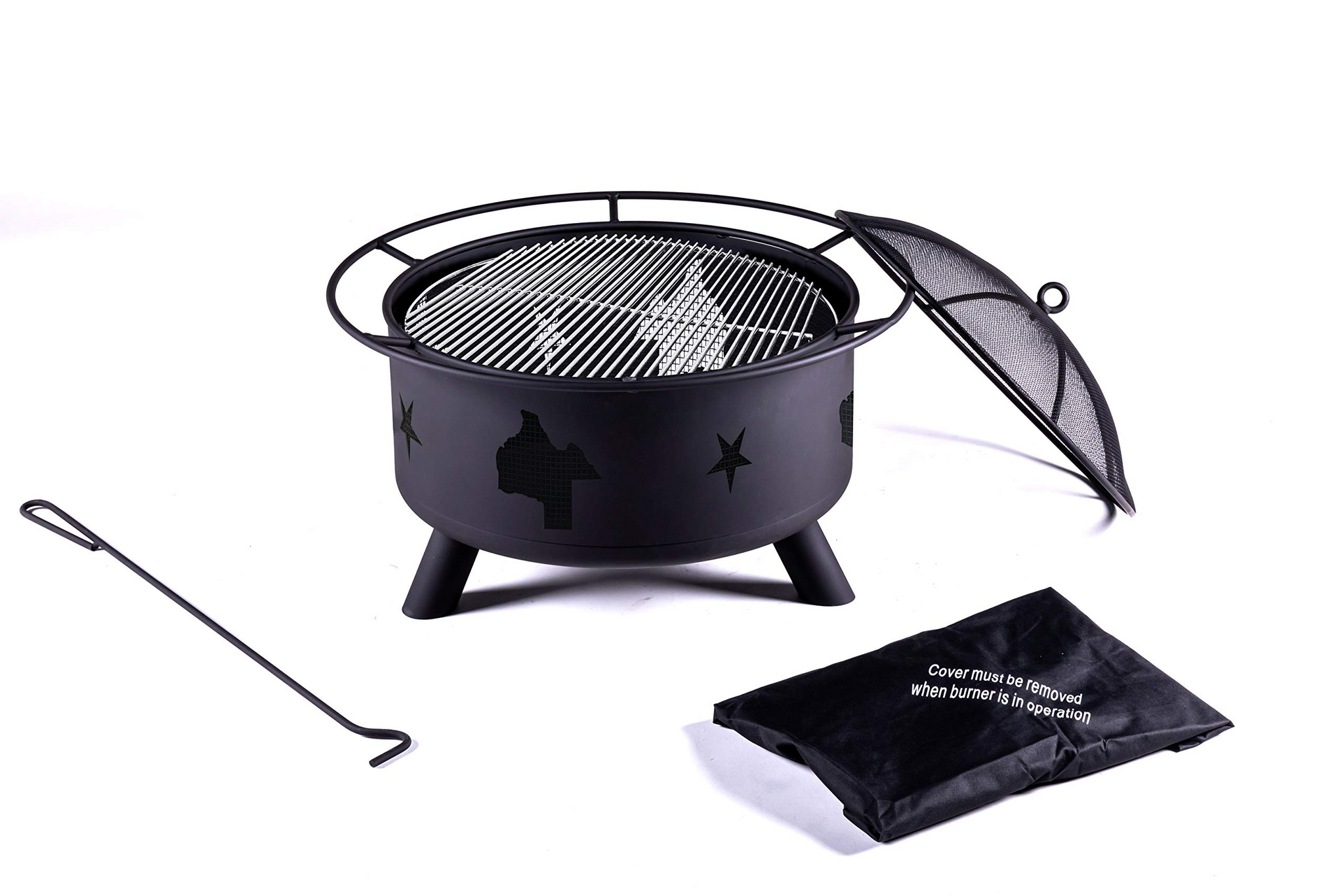 Outdoor Bonfire Burning Wood Grill - 30" Large Size Fire Pit with BBQ Grill, for Family Firepit Cooking Grill, fit Patio, Backyard, Camping, Ranch, Round Fire Pit Cover, Black