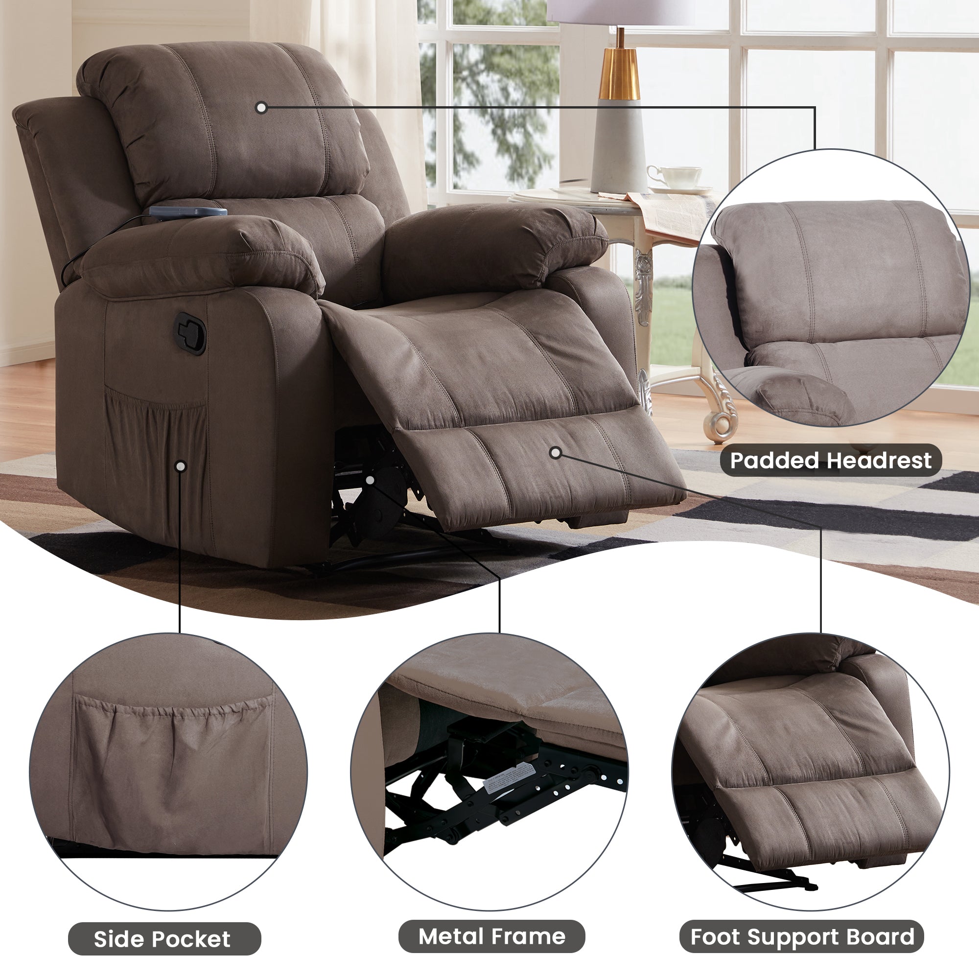 RaDEWAY Heated Massage Recliner Sofa Chair Ergonomic Lounge with 8 Vibration Points