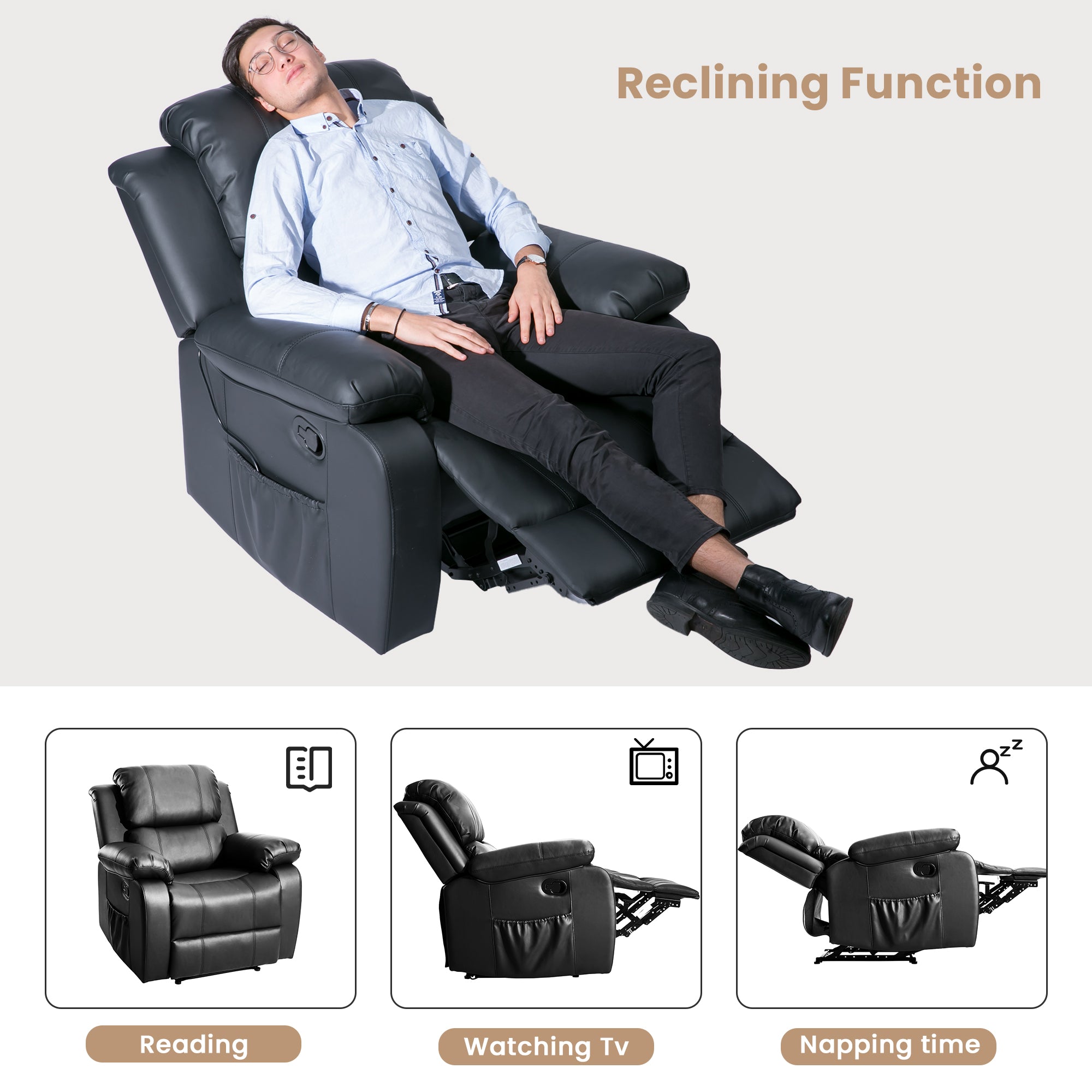 RaDEWAY PU Leather Heated Massage Recliner Sofa Ergonomic Lounge with 8 Vibration Points