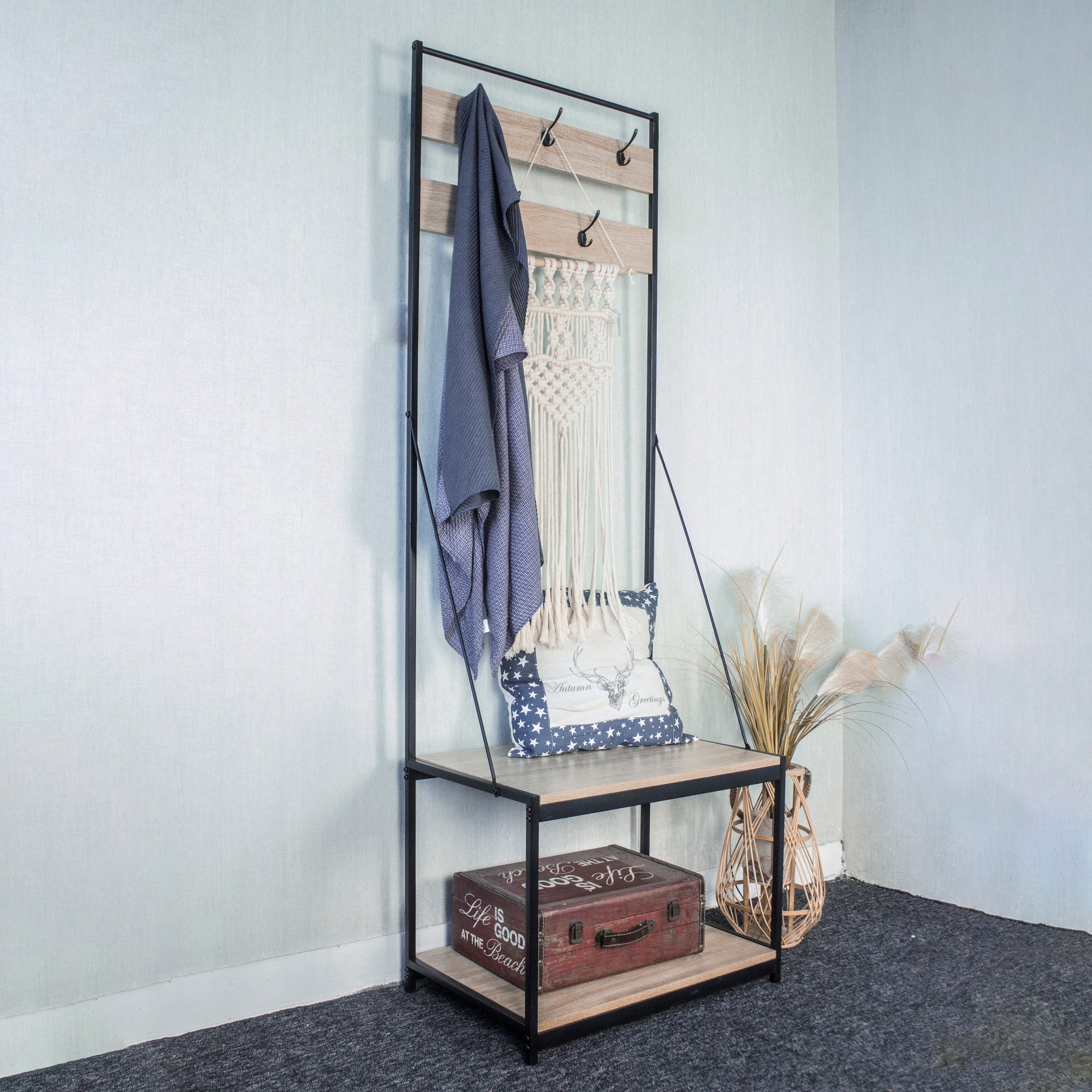 Wood Look Accent Hallway Coat Rack with 5 Hooks with Steel Frame