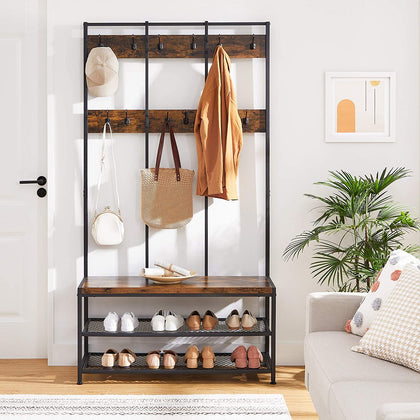 Large Coat Rack Stand, Coat Tree with 12 Hooks and Shoe Bench in Industrial Design