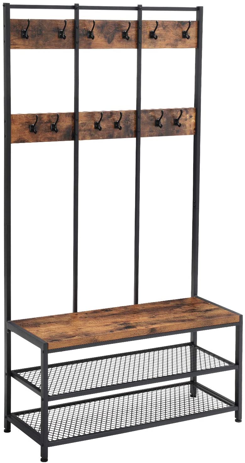 Large Coat Rack Stand, Coat Tree with 12 Hooks and Shoe Bench in Industrial Design