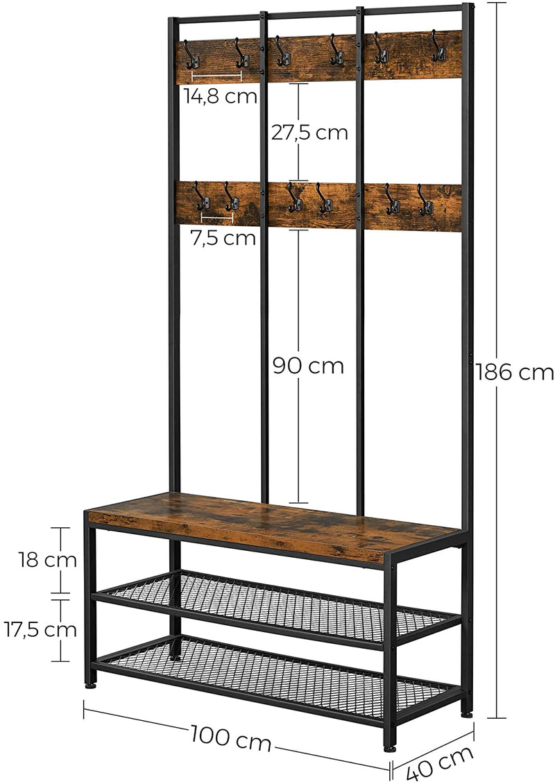 Large Coat Rack Stand Coat Tree with 12 Hooks and Shoe - Detail View