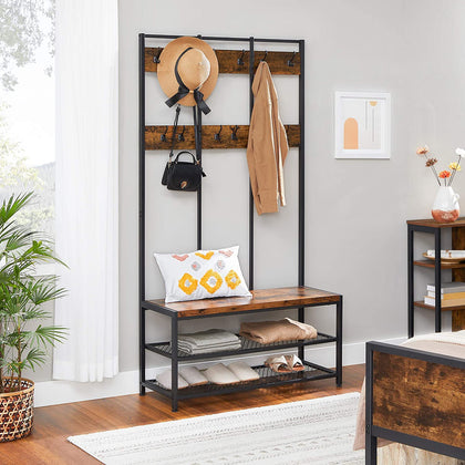 Large Coat Rack Stand, Coat Tree with 12 Hooks and Shoe Bench in Industrial Design