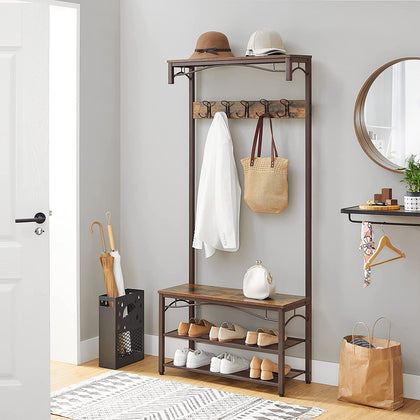Industrial Coat Rack, 3-in-1 Hall Tree, Entryway Shoe Bench, Large Accent Furniture