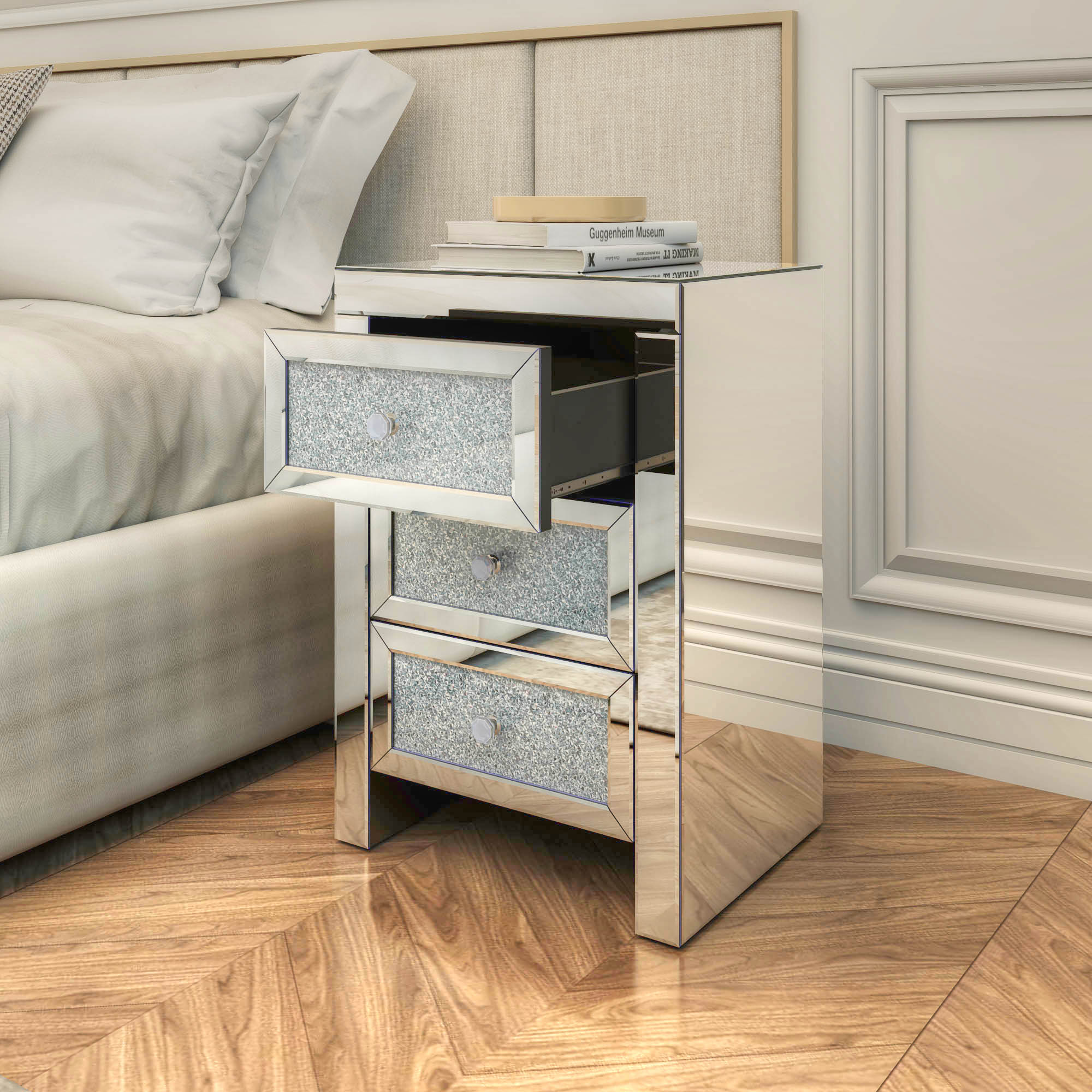 Mirrored Night Stand Bedside Tables Drawer Crystal Diamond Bedside Table Bedroom Furniture with 3-Drawers-Bedside Storage Cabinet Silvery