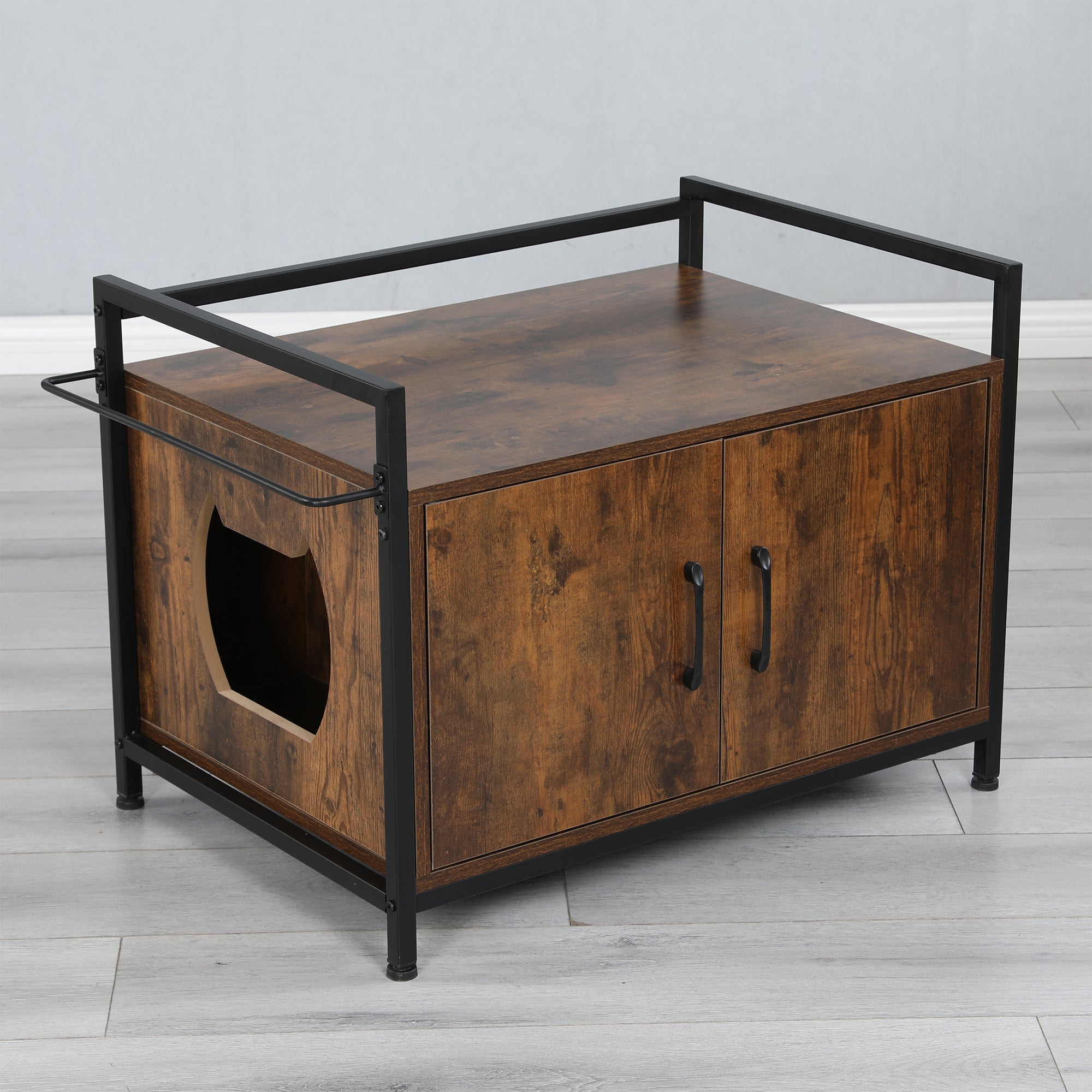 Litter Box Hidden, Pet Crate with Iron and Wood Sturdy Structure, Cat Dog House Nightstand