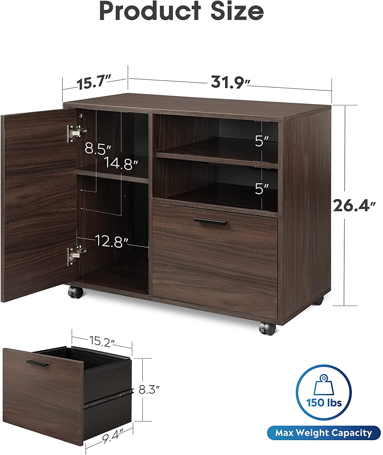 Wood Lateral File Cabinet with 1 Drawer, Printer Stand with Storage Door and Shelves, Large Mobile Filing Cabinet for Home Office, Walnut